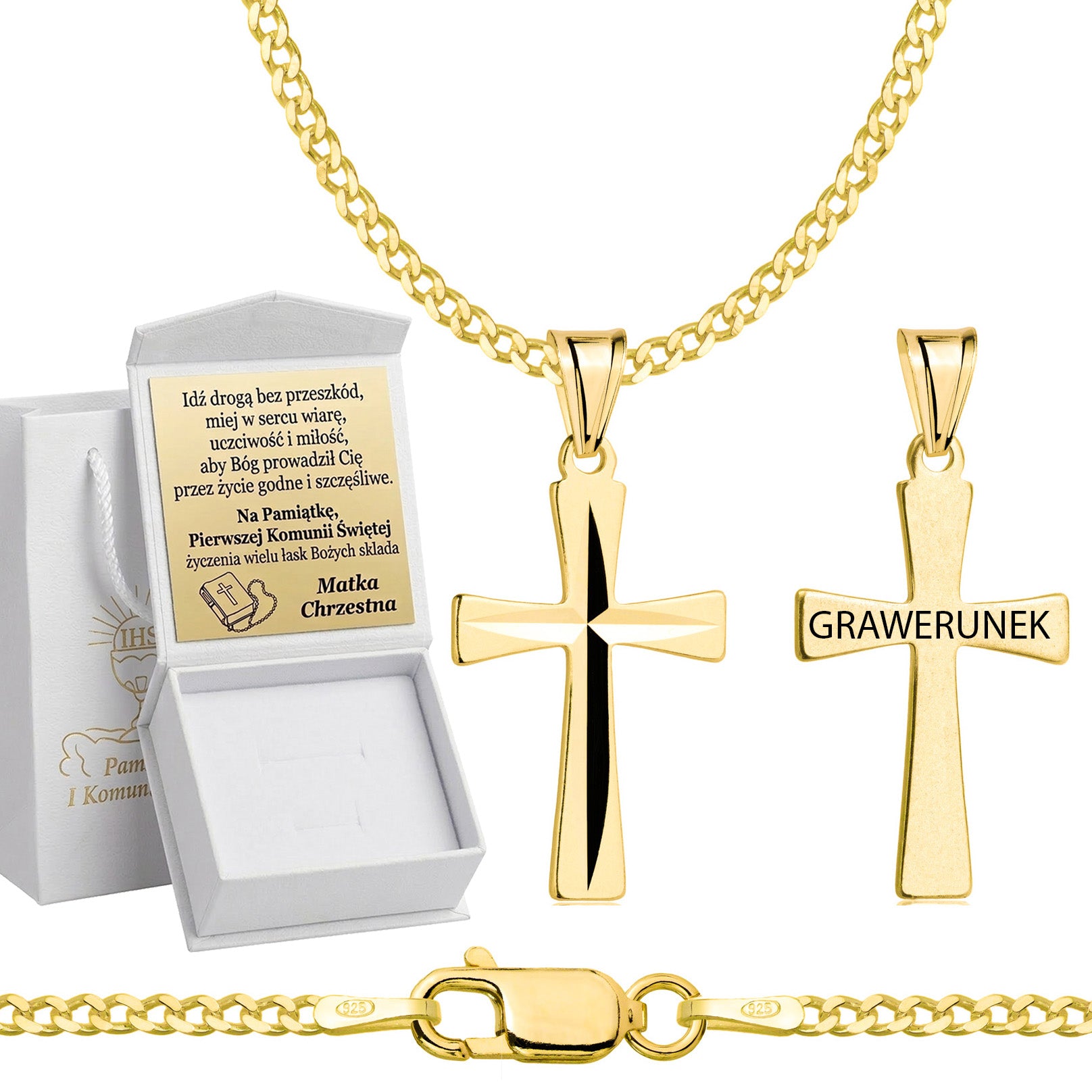 Łańcuszek komunijny pozłacany srebrny pancerka z krzyżykiem 2mm z grawerowanym pudełeczkiem i zawieszką pr. 925