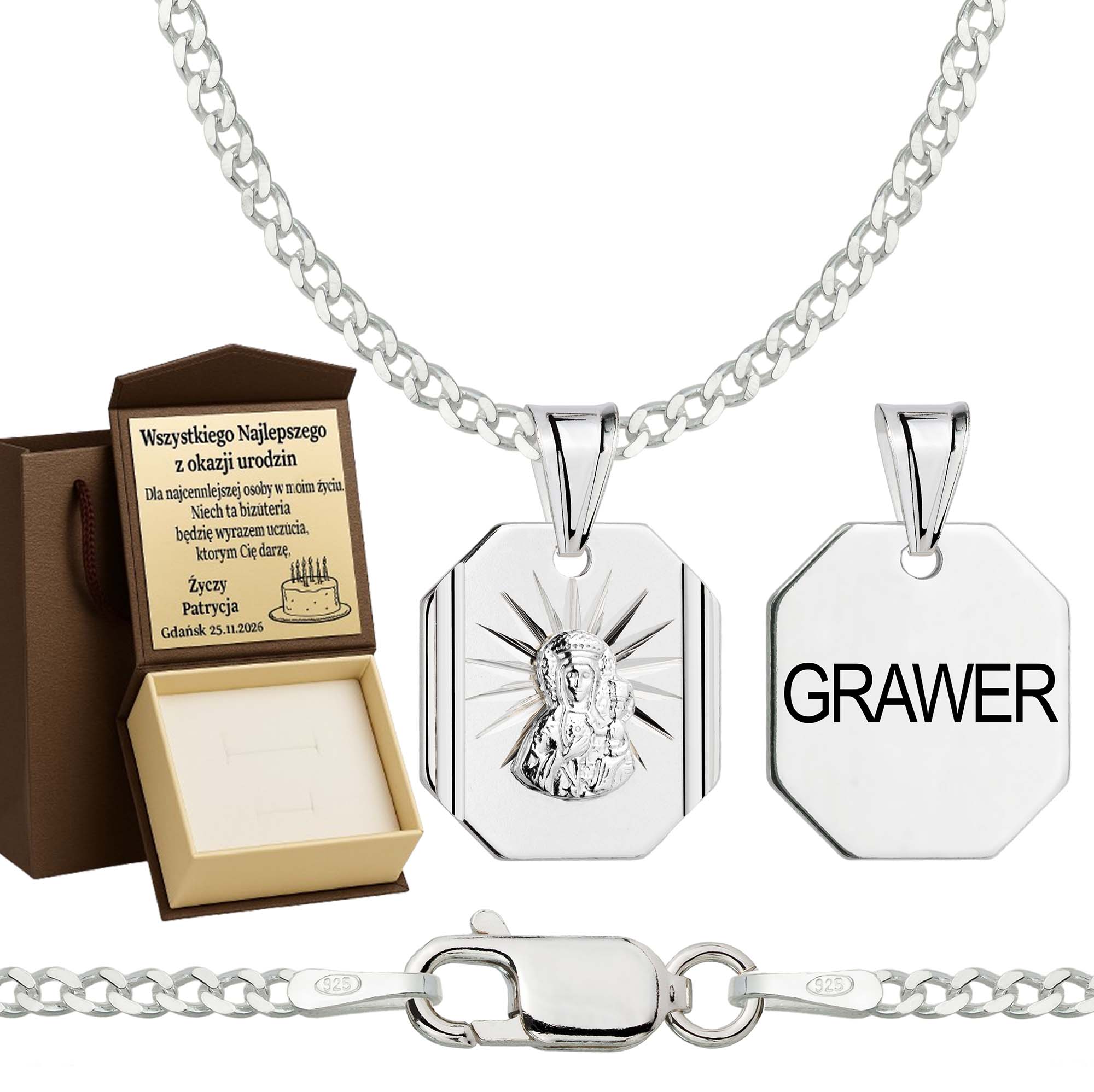 Łańcuszek srebrny z medalikiem pancerka 2mm pr. 925