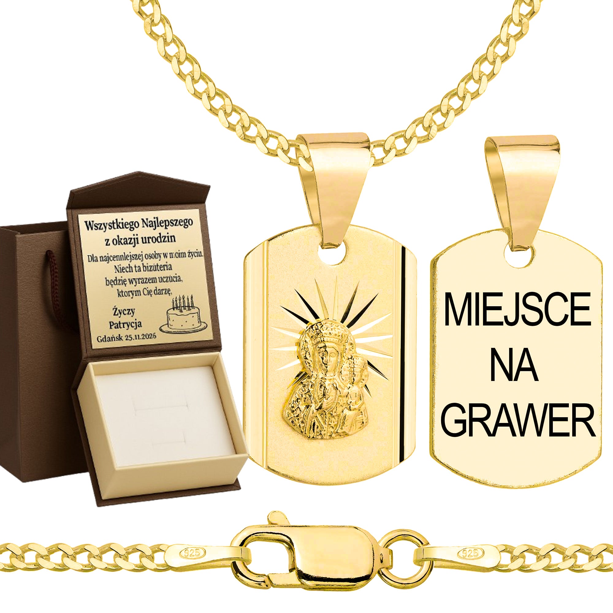 Łańcuszek pozłacany srebrny z medalikiem pancerka 2mm pr. 925