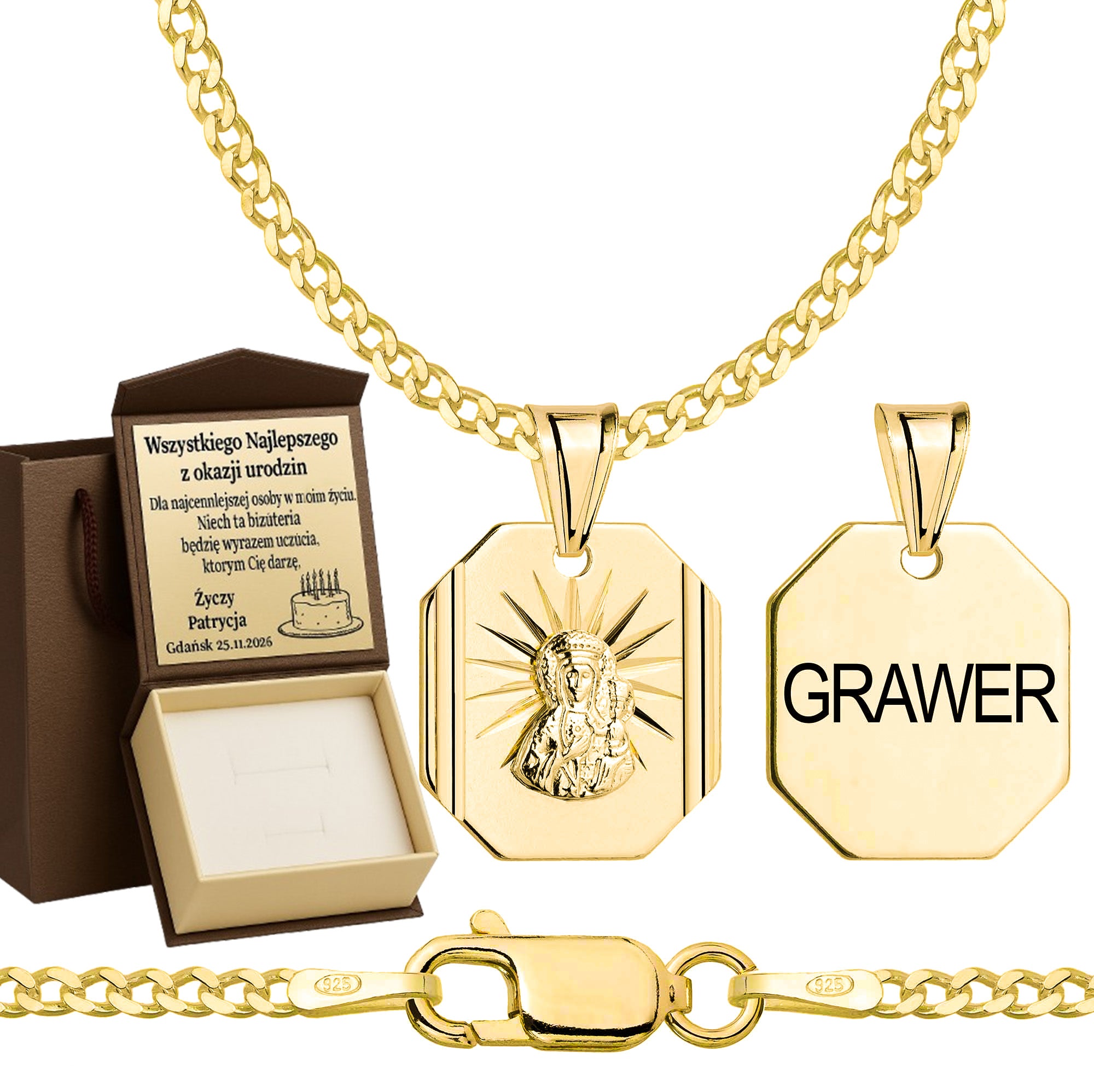 Łańcuszek pozłacany srebrny z medalikiem pancerka 2mm pr. 925