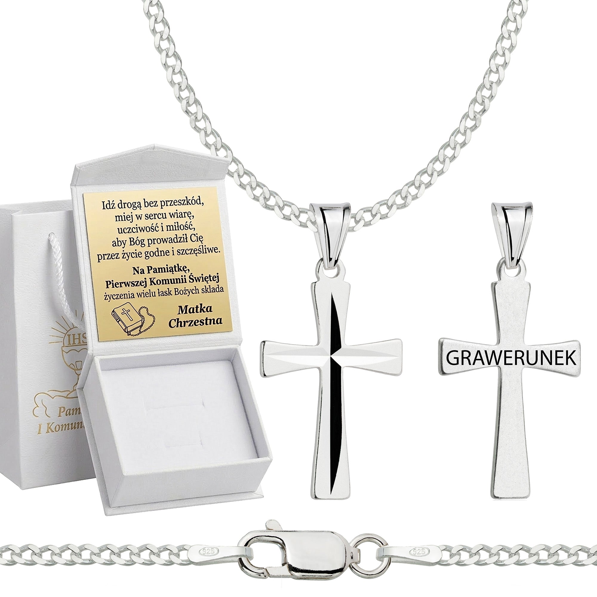 Łańcuszek komunijny srebrny z krzyżykiem pancerka 2mm z grawerowanym pudełeczkiem i zawieszką pr. 925