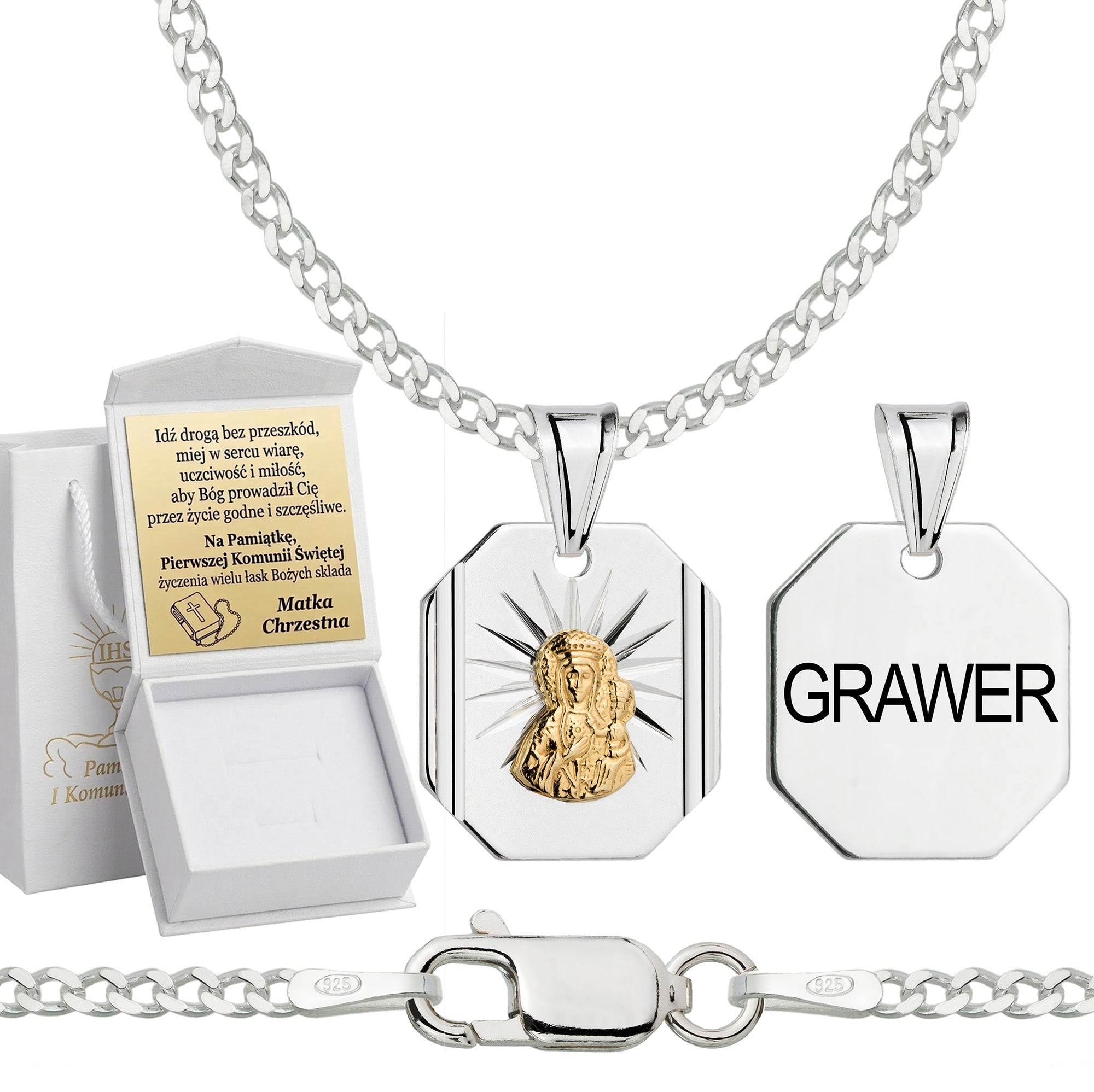 Łańcuszek komunijny srebrny z medalikiem pancerka 2mm z grawerowanym pudełeczkiem i zawieszką pr. 925