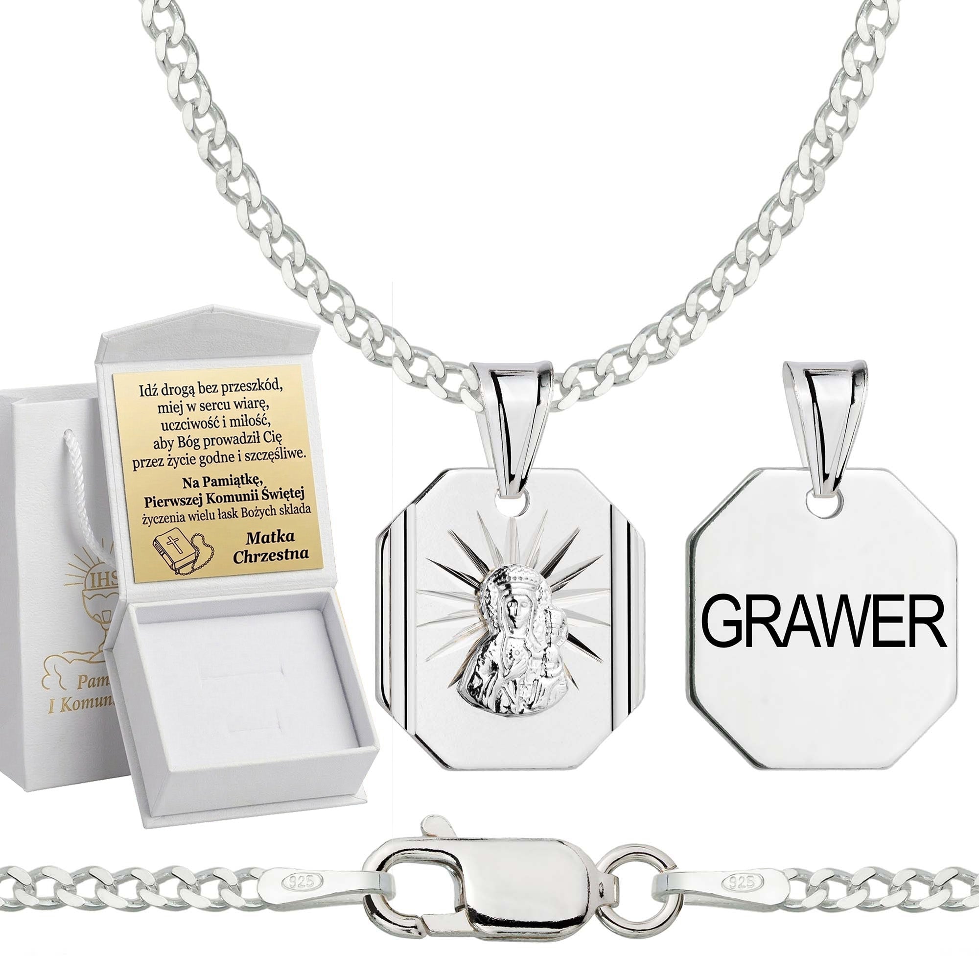 Łańcuszek komunijny srebrny z medalikiem pancerka 2mm z grawerowanym pudełeczkiem i zawieszką pr. 925