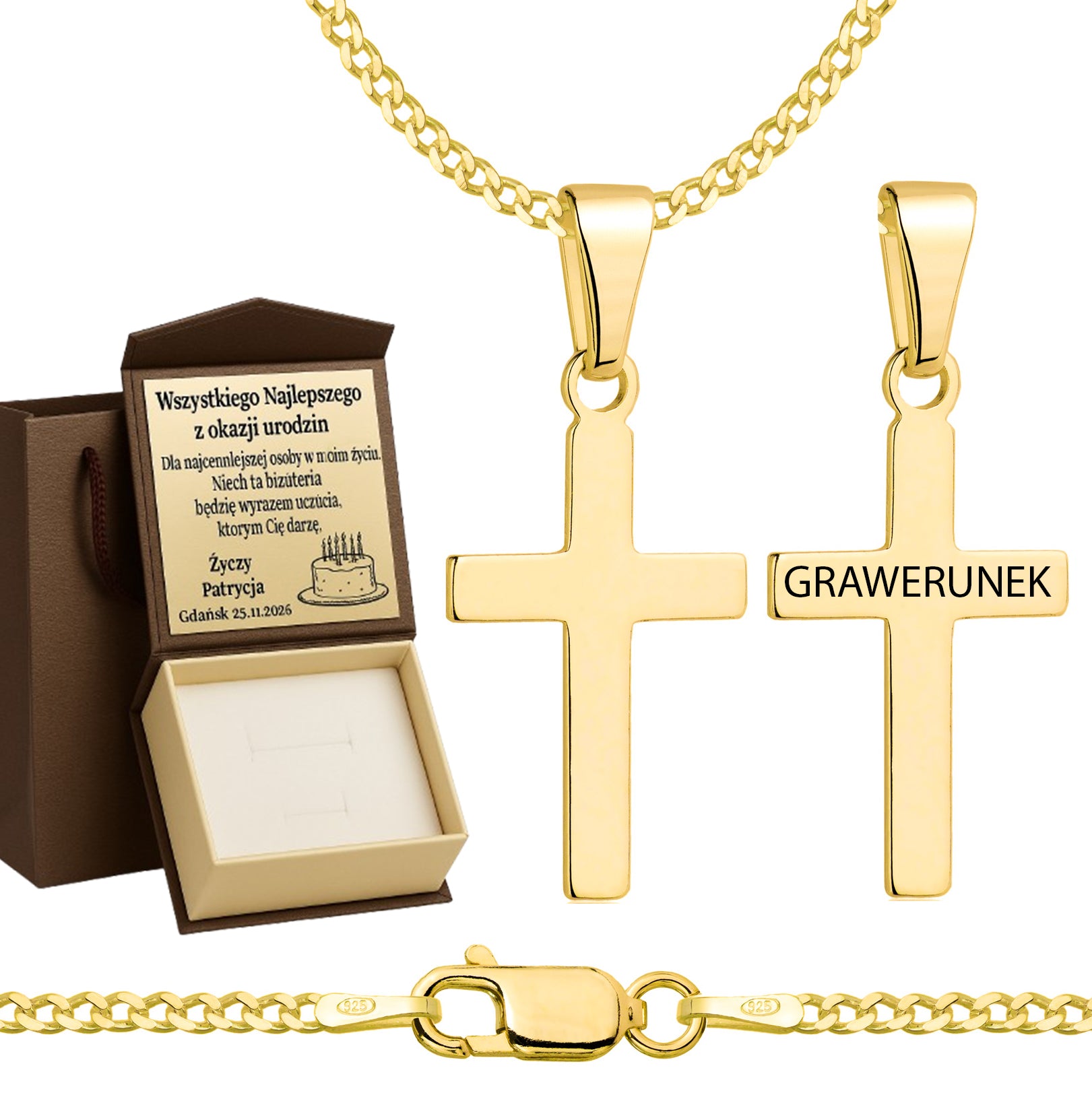 Łańcuszek pozłacany srebrny z krzyżykiem pancerka 2mm pr. 925