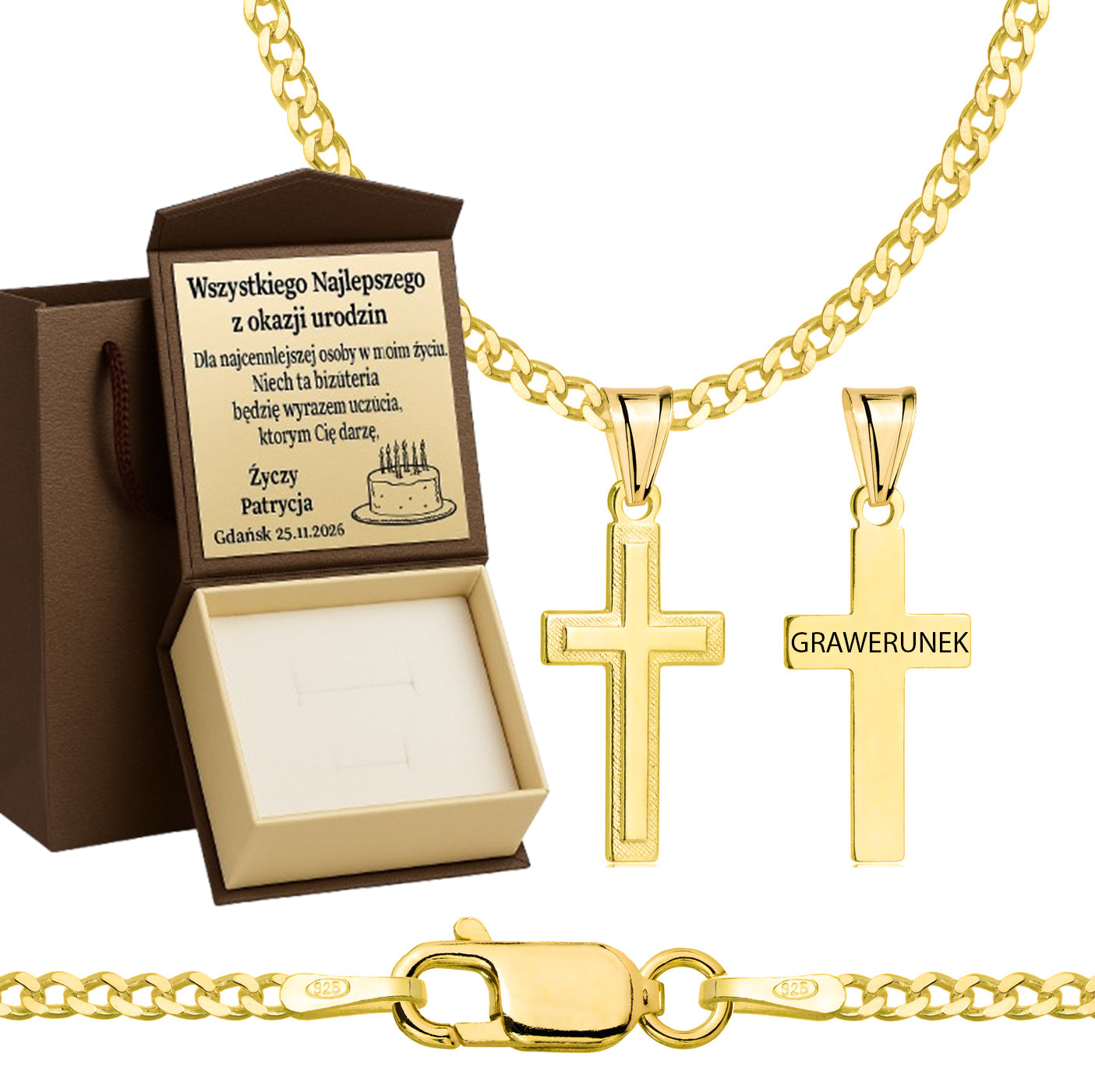 Łańcuszek pozłacany srebrny z krzyżykiem pancerka 2mm pr. 925