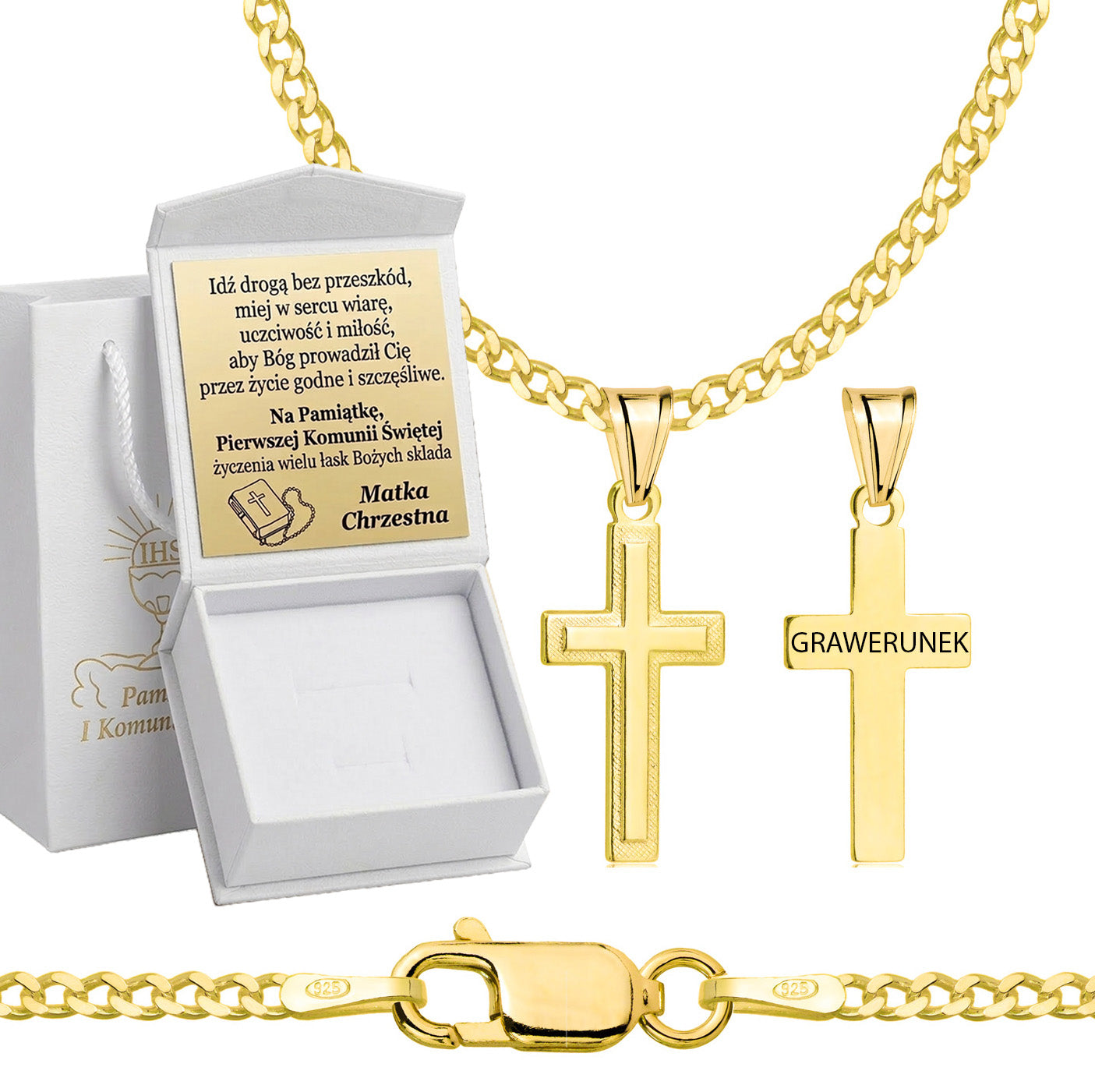 Łańcuszek komunijny pozłacany srebrny pancerka z krzyżykiem 2mm z grawerowanym pudełeczkiem i zawieszką pr. 925