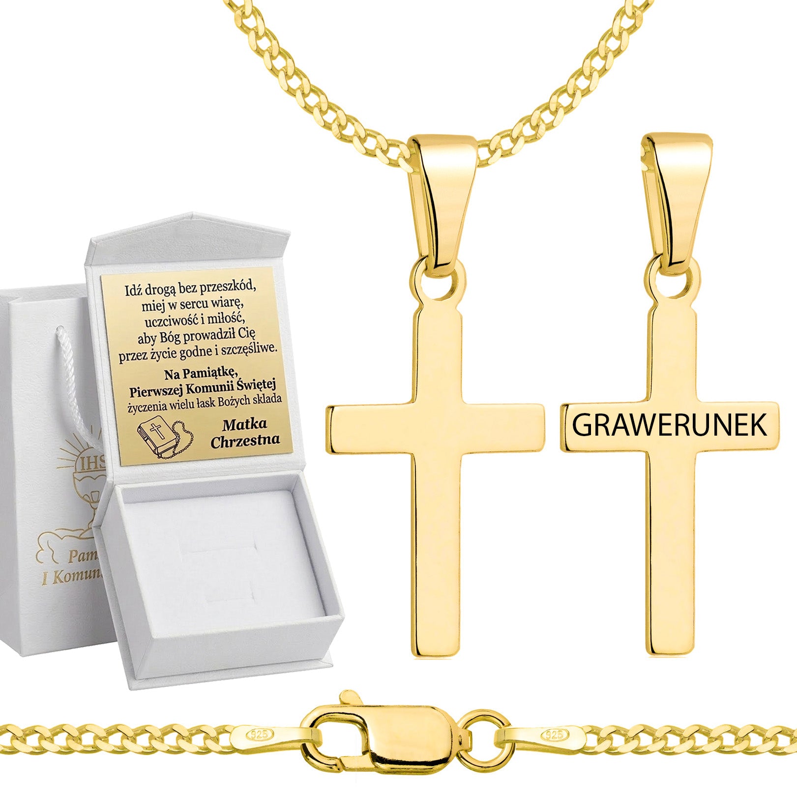 Łańcuszek komunijny pozłacany srebrny pancerka z krzyżykiem 2mm z grawerowanym pudełeczkiem i zawieszką pr. 925