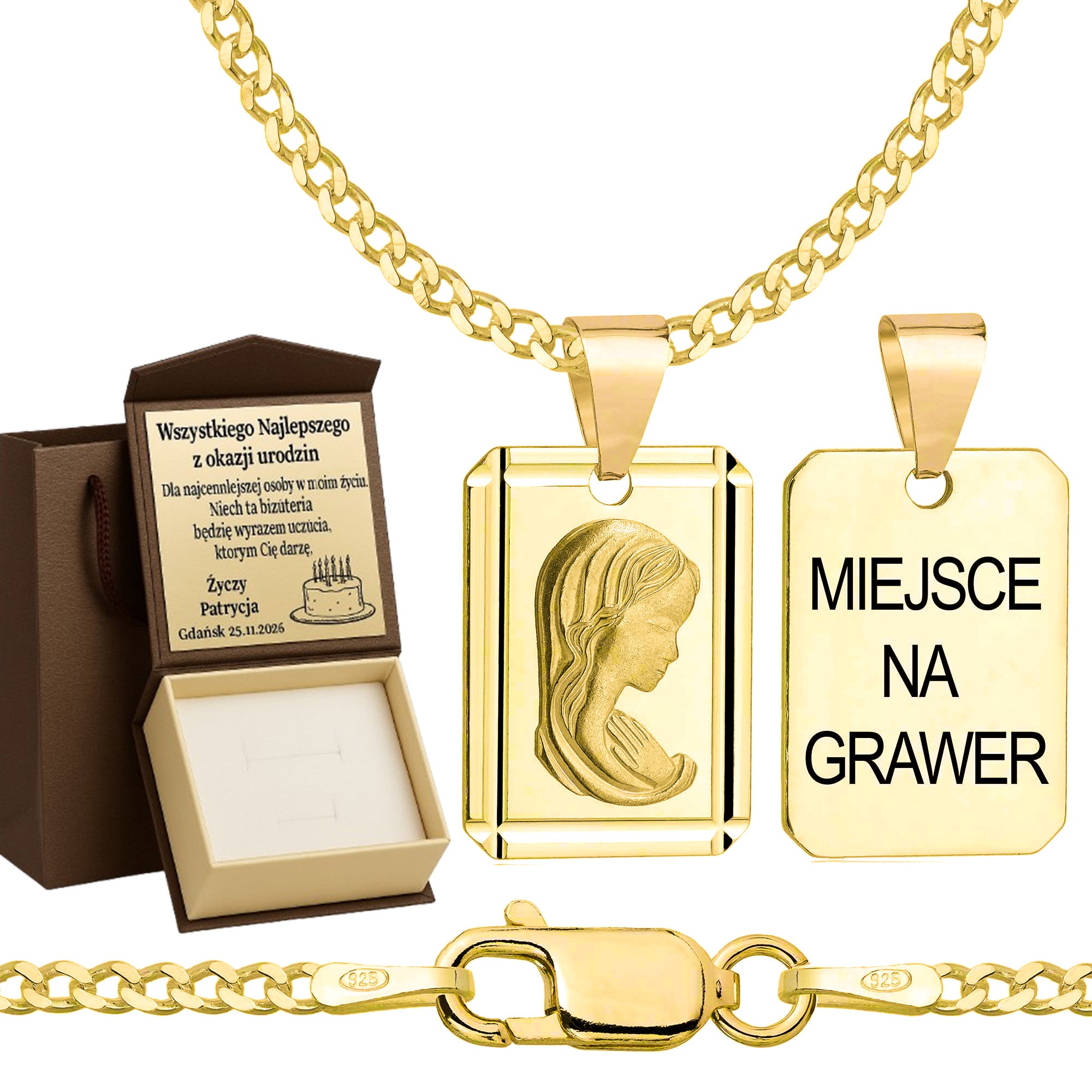 Łańcuszek pozłacany srebrny z medalikiem pancerka 2mm pr. 925