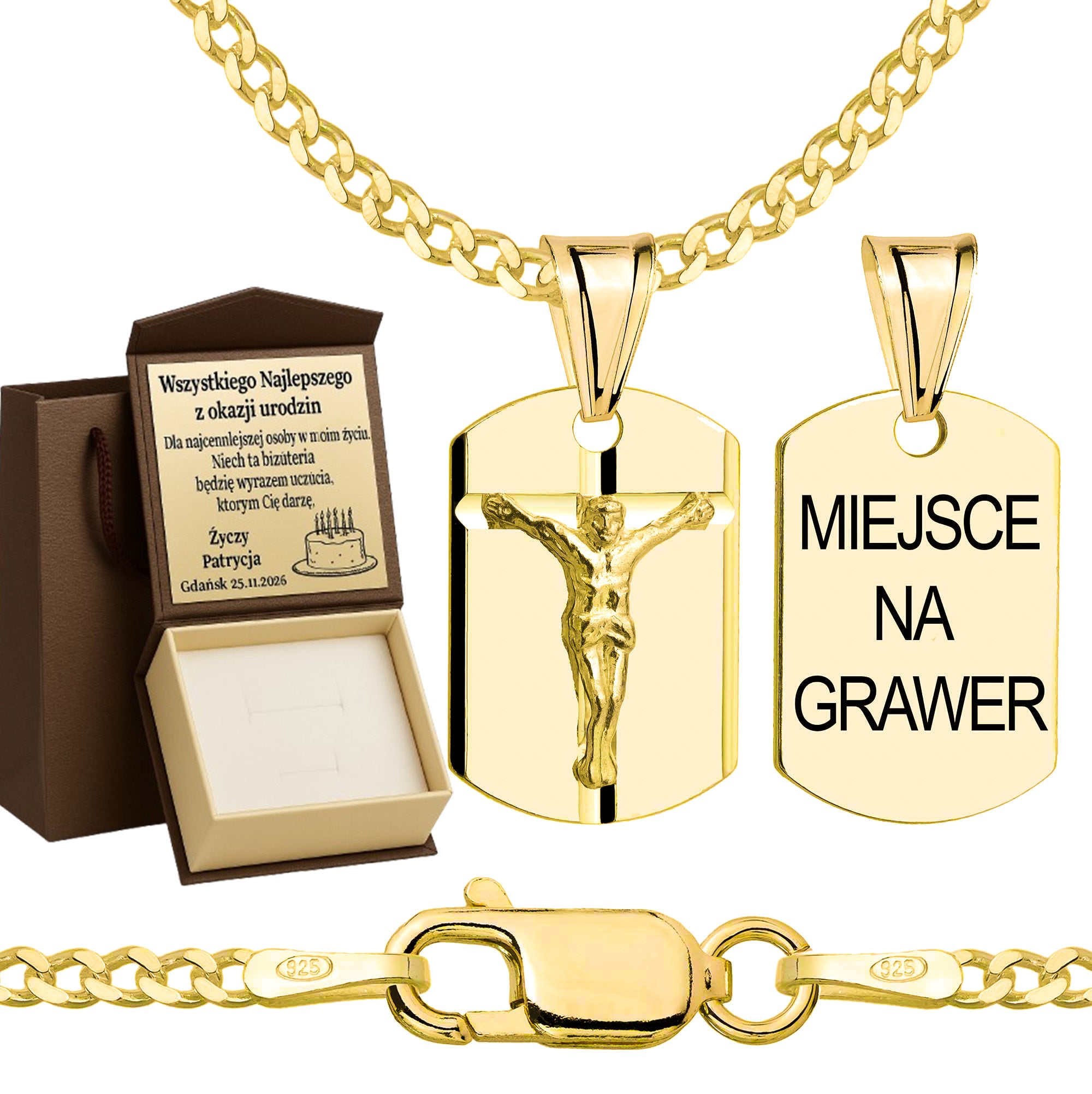 Łańcuszek pozłacany srebrny z medalikiem pancerka 2mm pr. 925