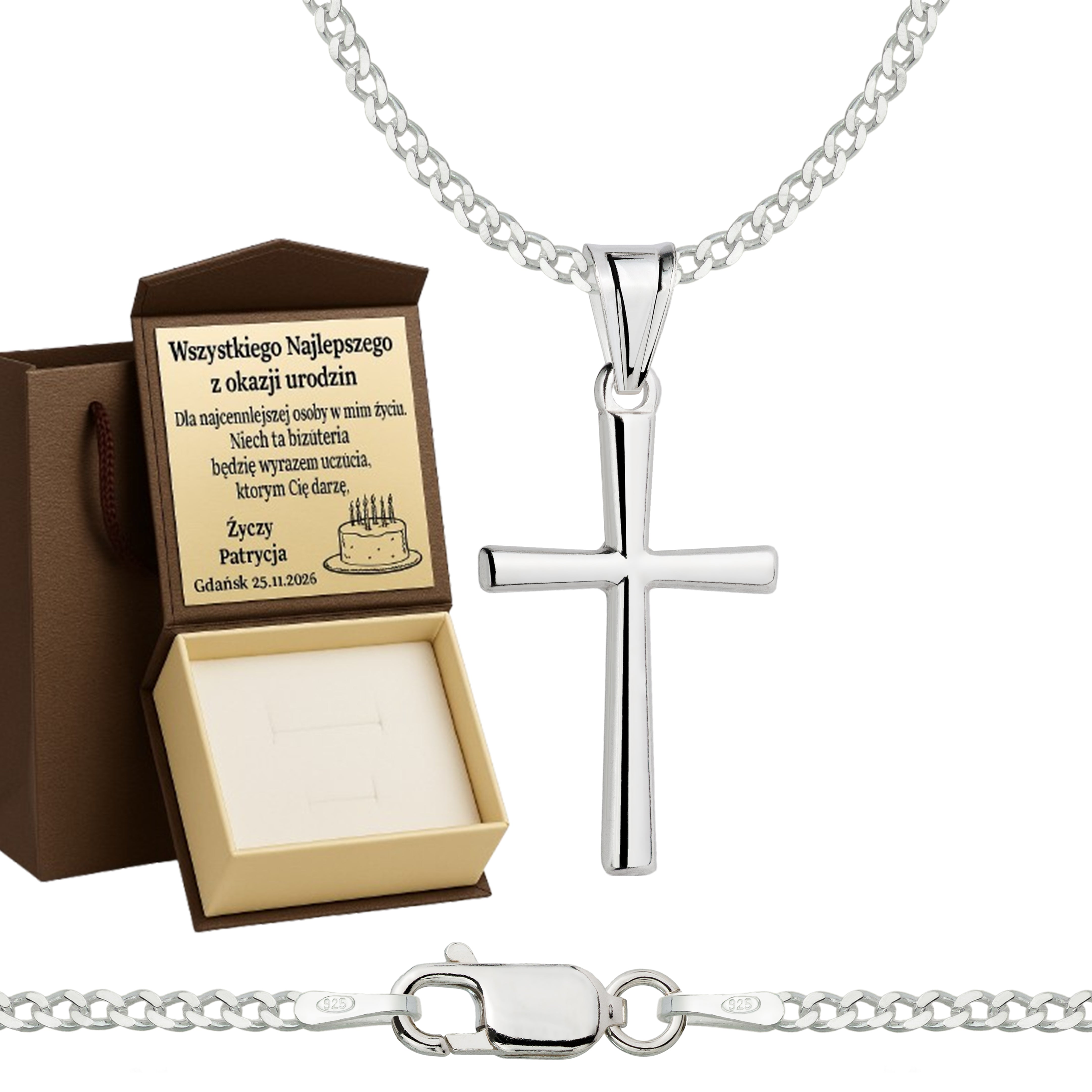 Łańcuszek srebrny z krzyżykiem pancerka 2mm pr. 925