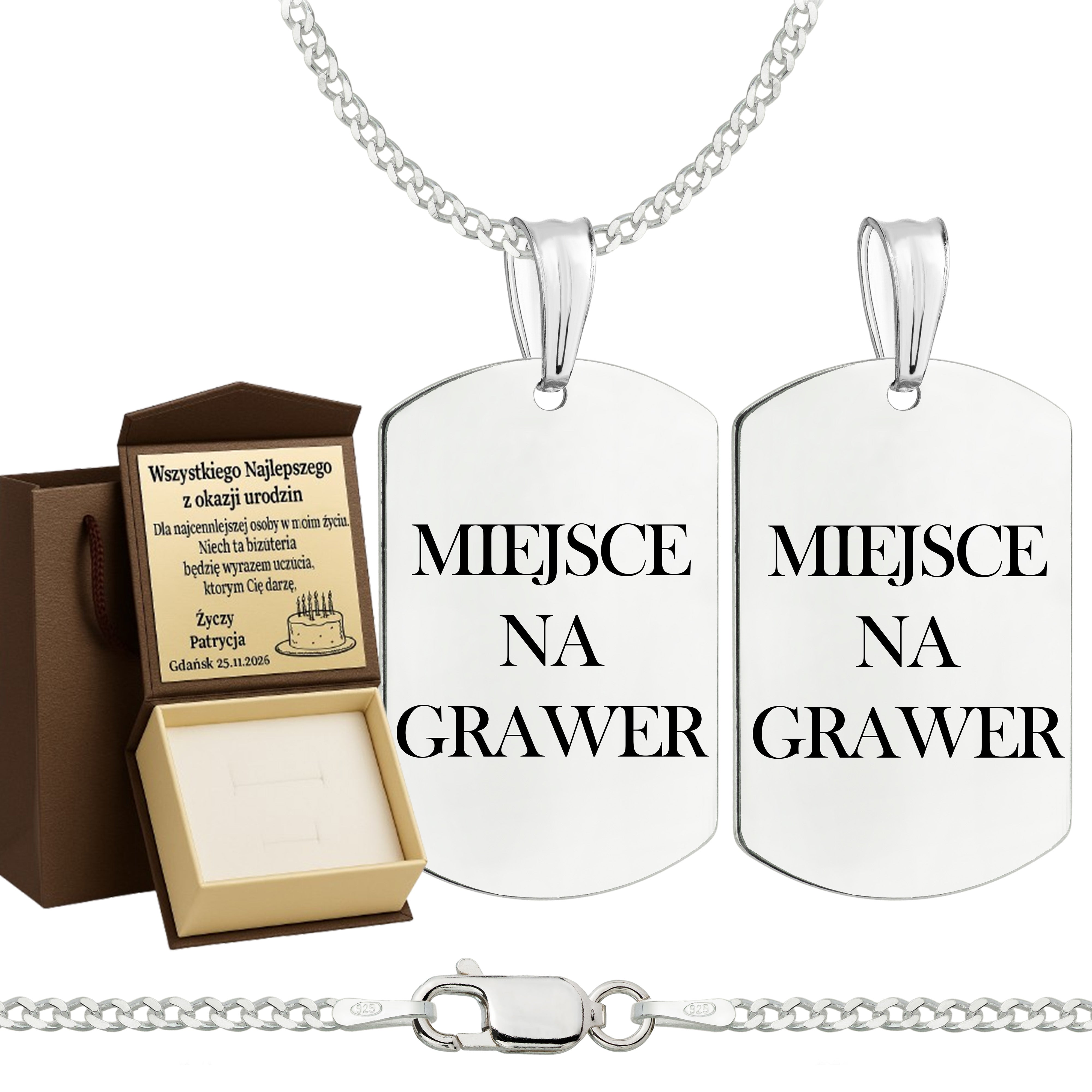 Łańcuszek srebrny z nieśmiertelnikiem pancerka 2mm pr. 925