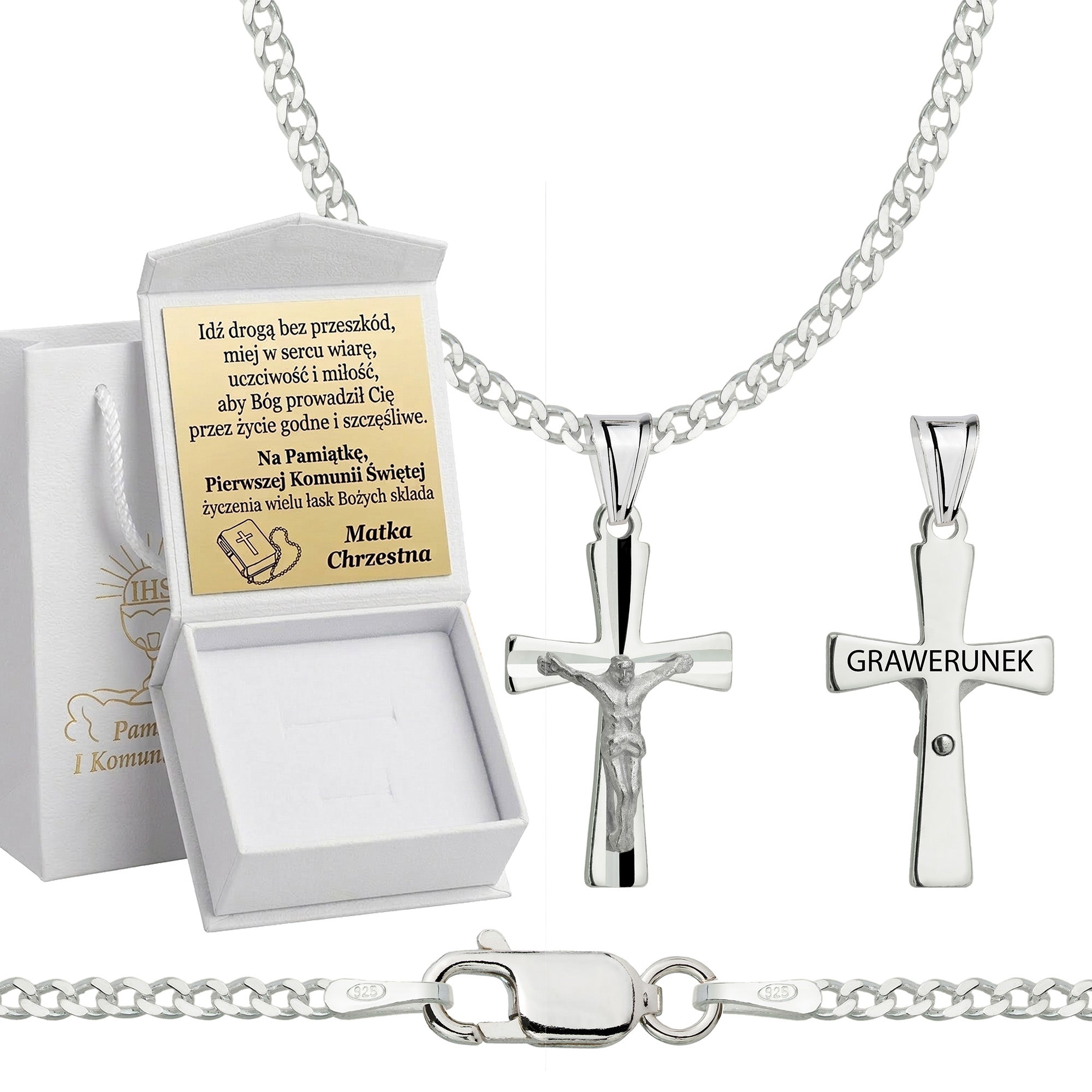 Łańcuszek komunijny srebrny z krzyżykiem pancerka 2mm z grawerowanym pudełeczkiem i zawieszką pr. 925