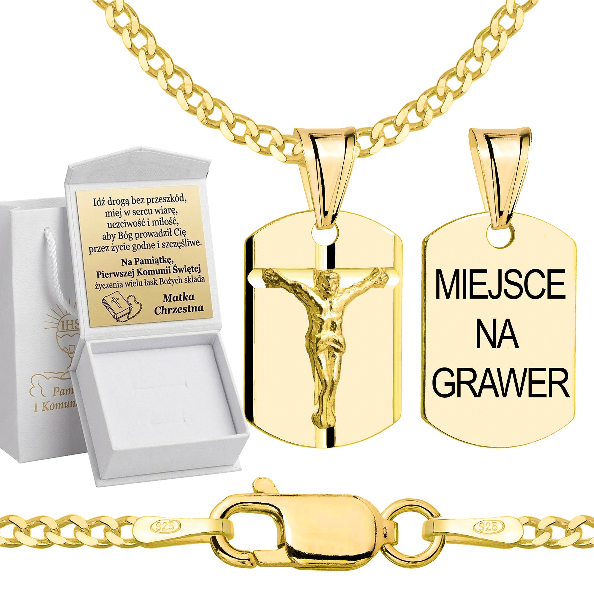 Łańcuszek komunijny pozłacany srebrny pancerka z medalikiem 2mm z grawerowanym pudełeczkiem i zawieszką pr. 925