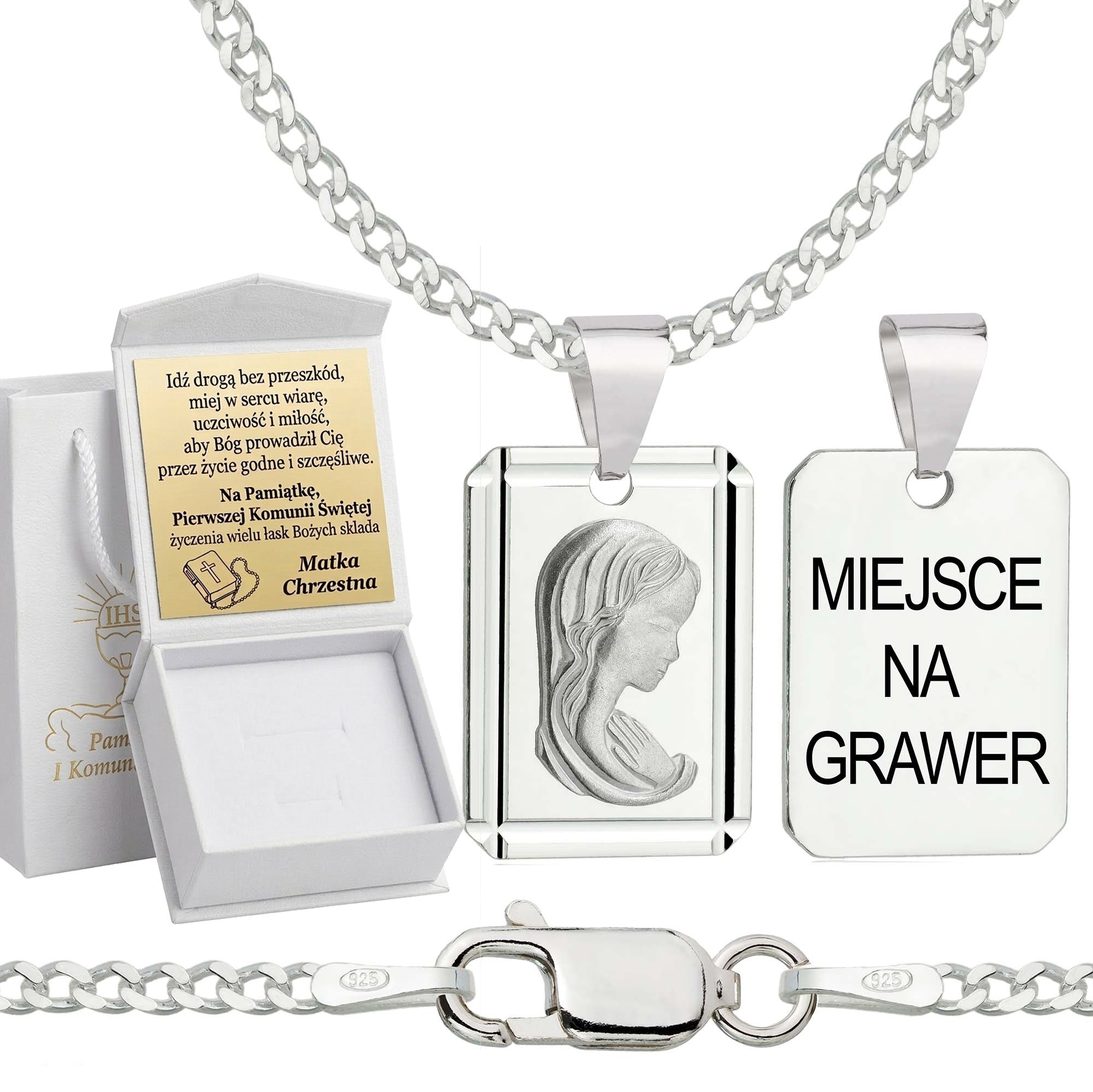 Łańcuszek komunijny srebrny z medalikiem pancerka 2mm z grawerowanym pudełeczkiem i zawieszką pr. 925