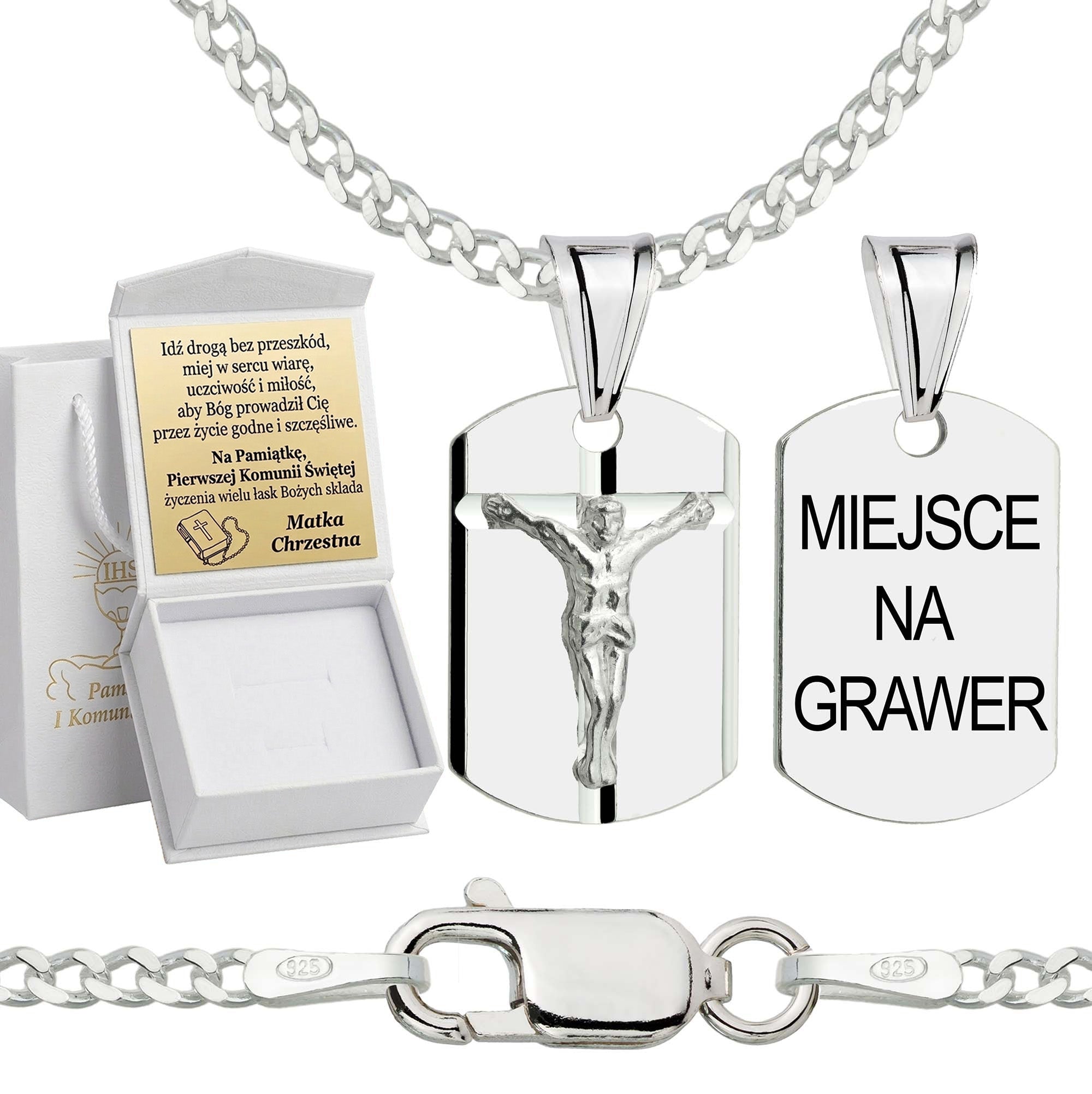Łańcuszek komunijny srebrny z medalikiem pancerka 2mm z grawerowanym pudełeczkiem i zawieszką pr. 925