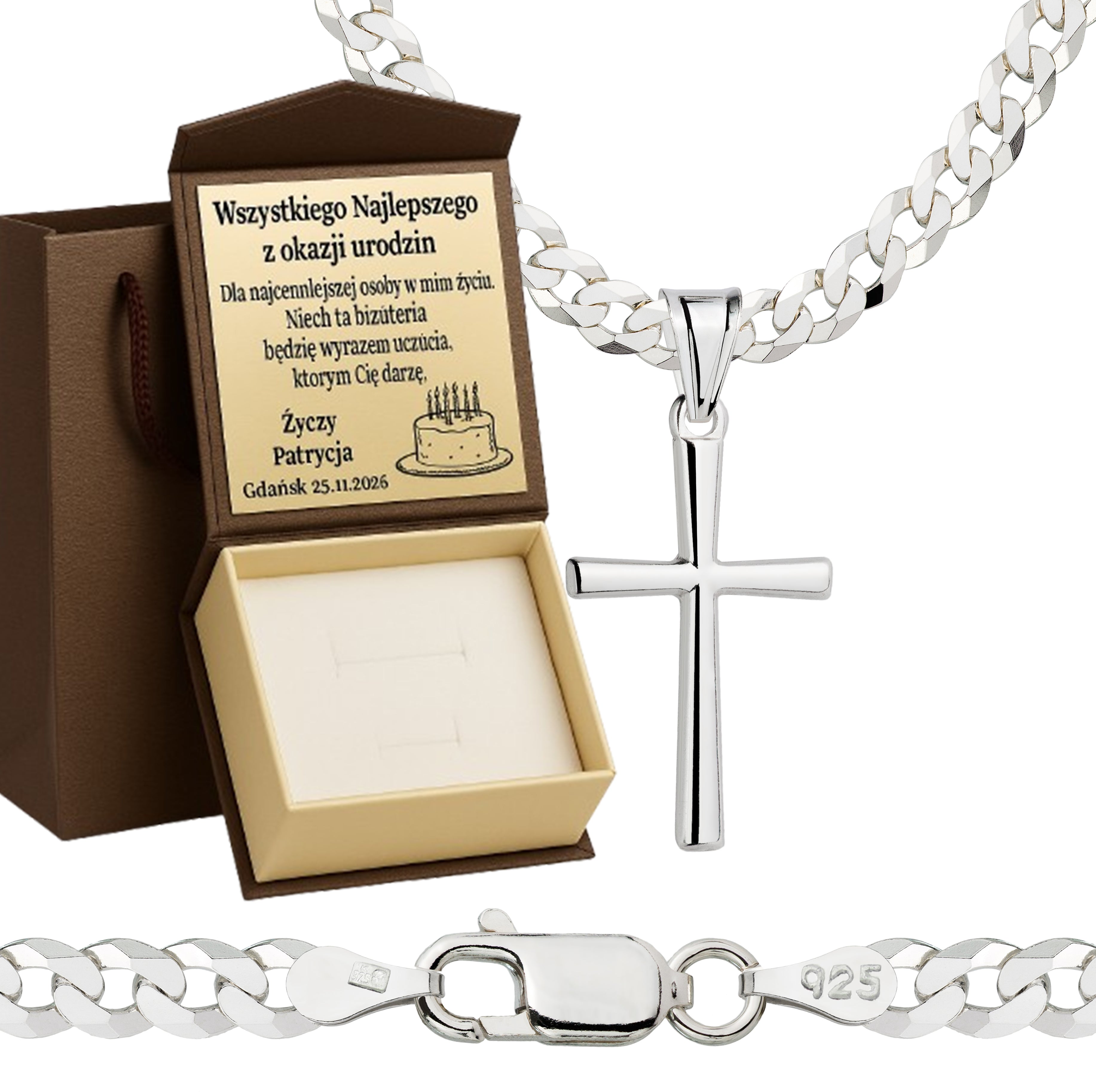 Łańcuszek srebrny z krzyżykiem pancerka 3,8mm pr. 925