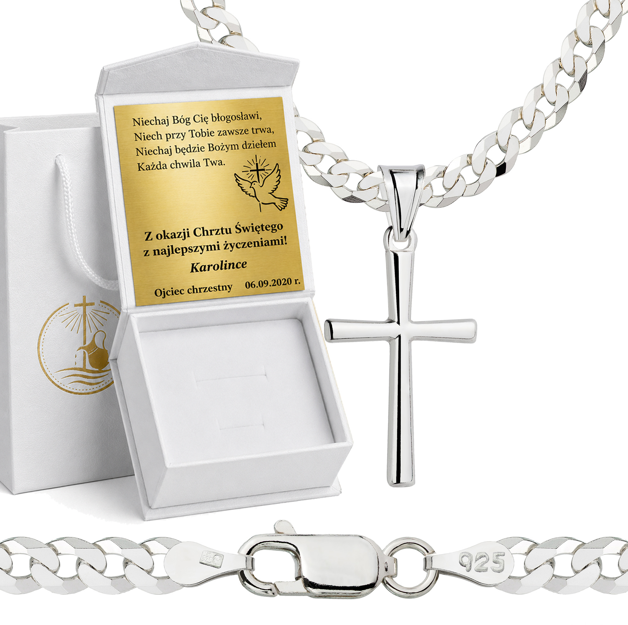 Łańcuszek na Chrzest srebrny z krzyżykiem pancerka 3,8mm z grawerowanym pudełeczkiem pr. 925