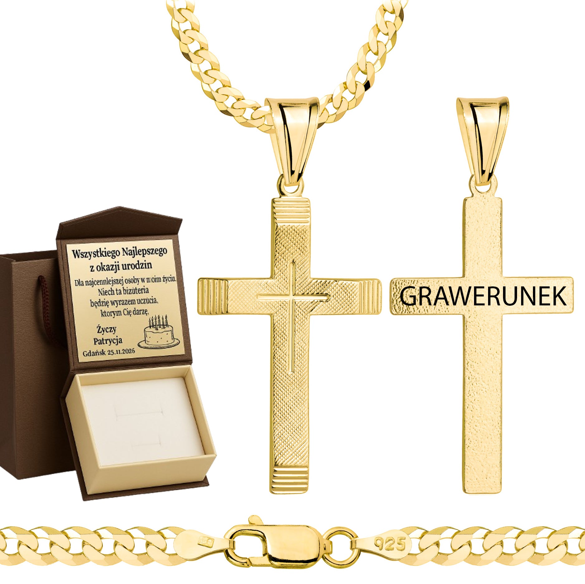 Łańcuszek pozłacany srebrny z krzyżykiem pancerka 3,8mm pr. 925