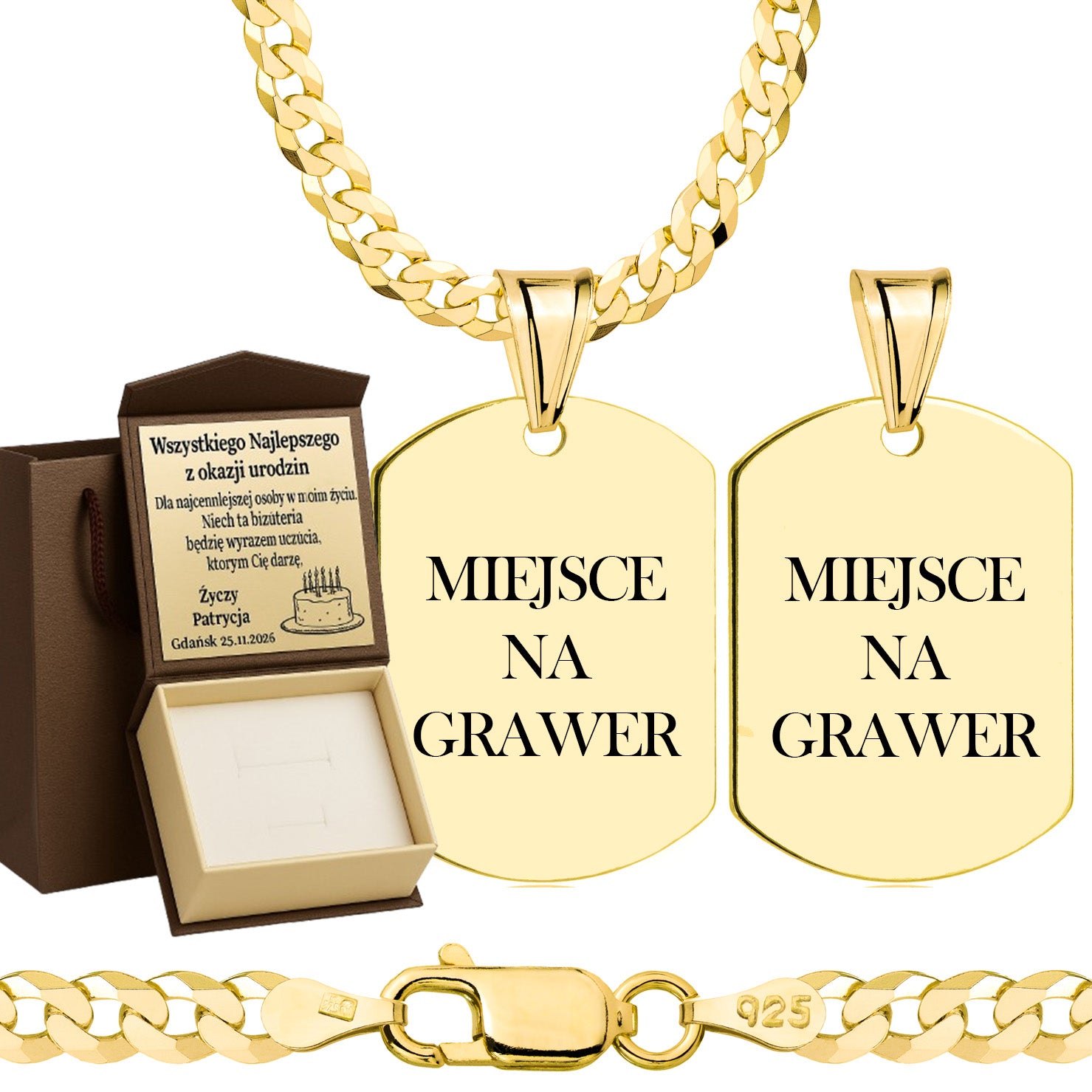 Łańcuszek pozłacany srebrny z nieśmiertelnikiem pancerka 3,8mm pr. 925 585