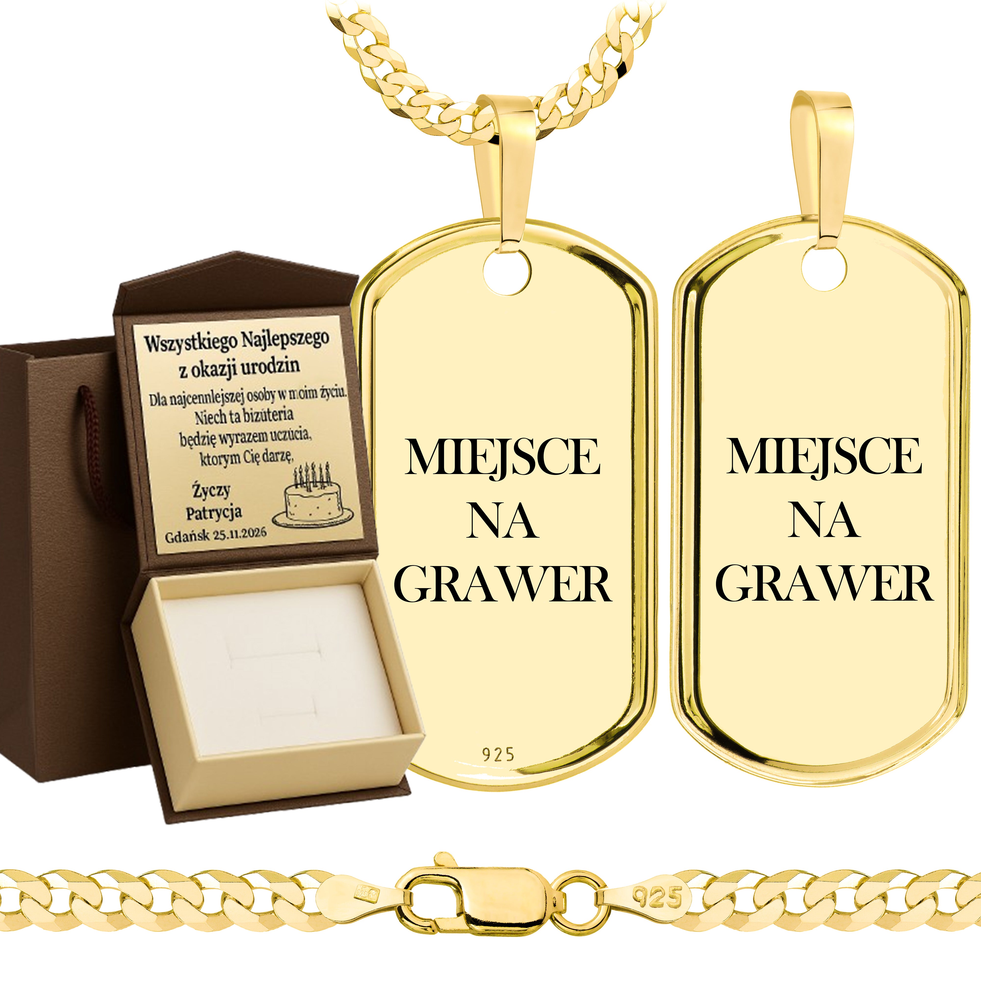 Łańcuszek pozłacany srebrny z nieśmiertelnikiem pancerka 3,8mm pr. 925 585