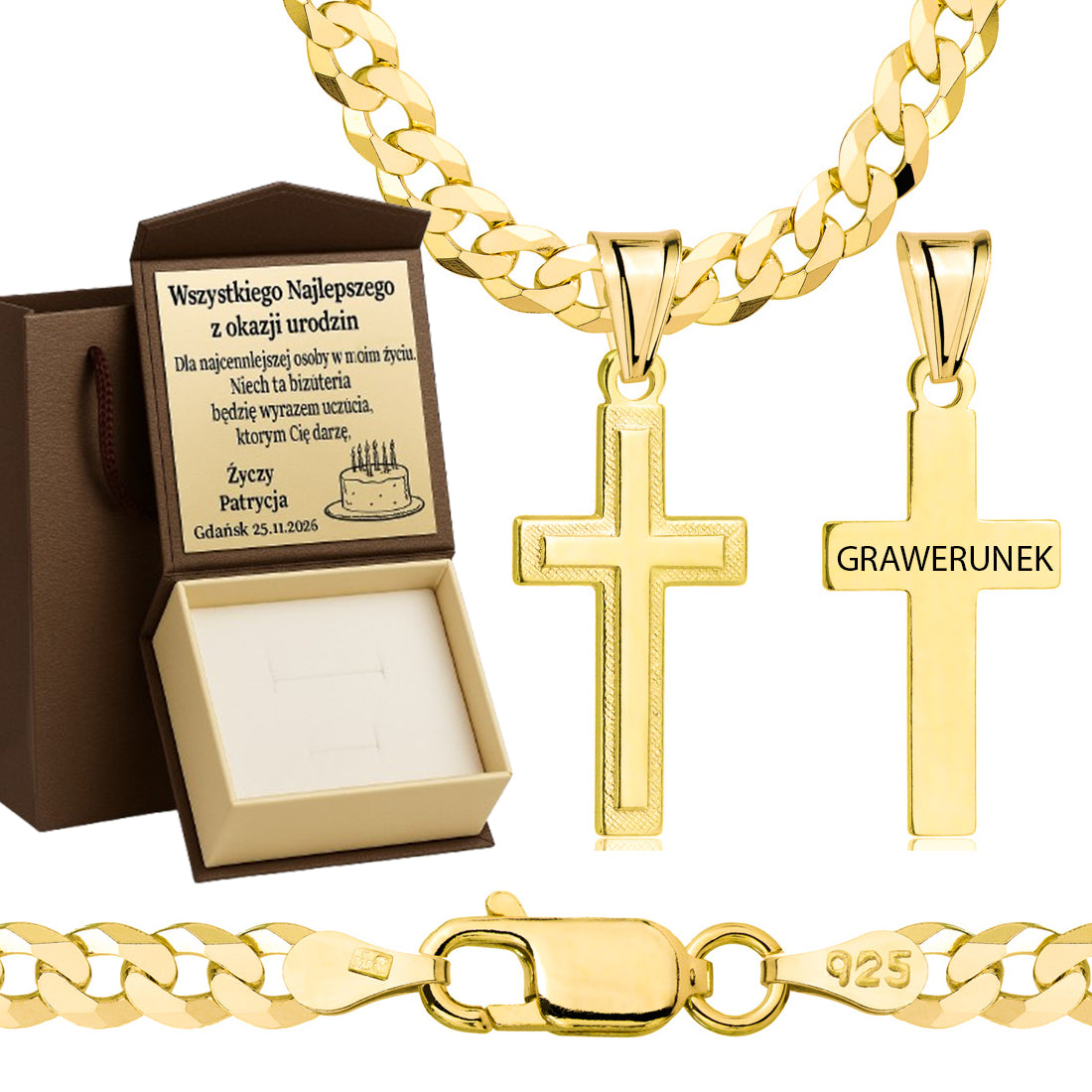 Łańcuszek pozłacany srebrny z krzyżykiem pancerka 3,8mm pr. 925