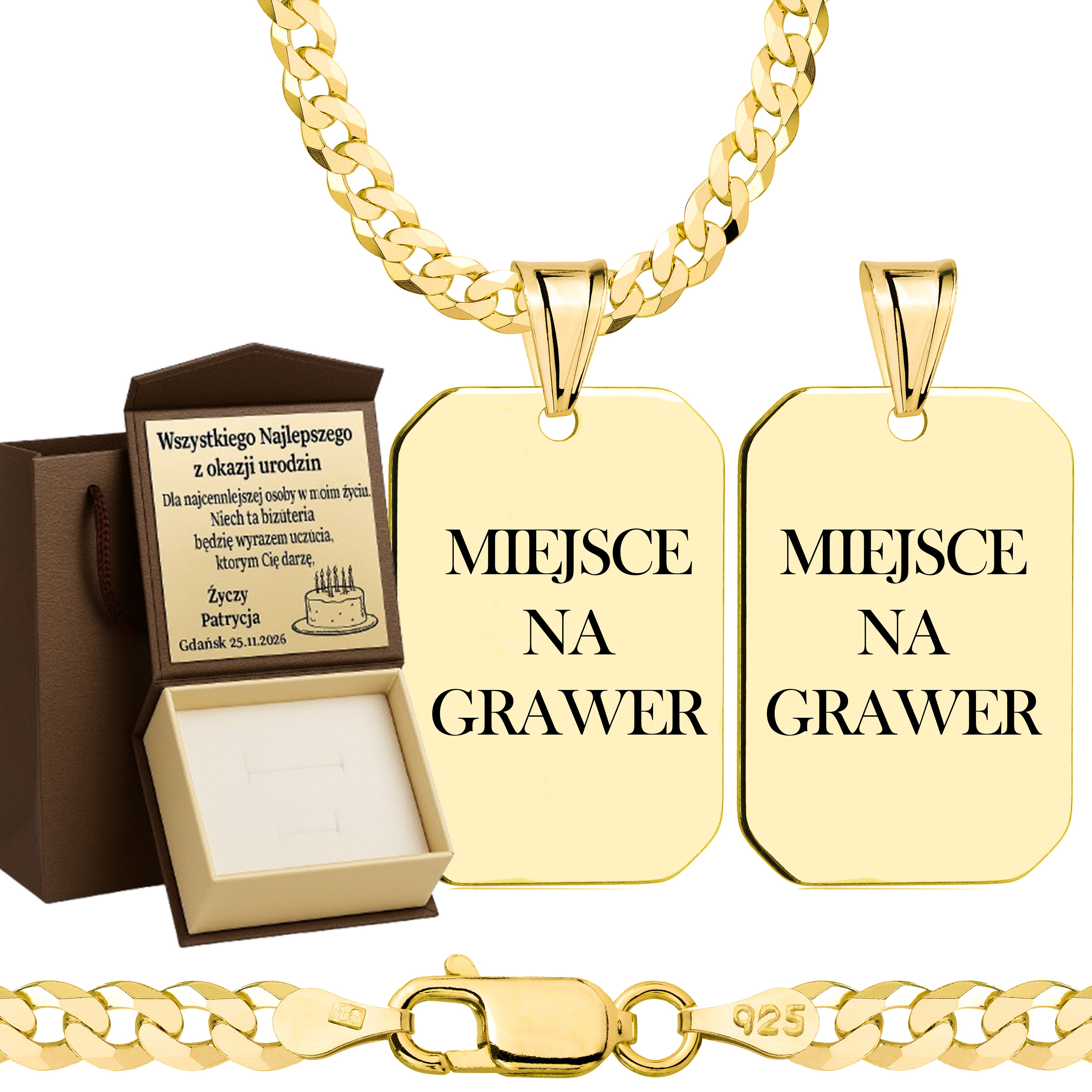 Łańcuszek pozłacany srebrny z nieśmiertelnikiem pancerka 3,8mm pr. 925 585