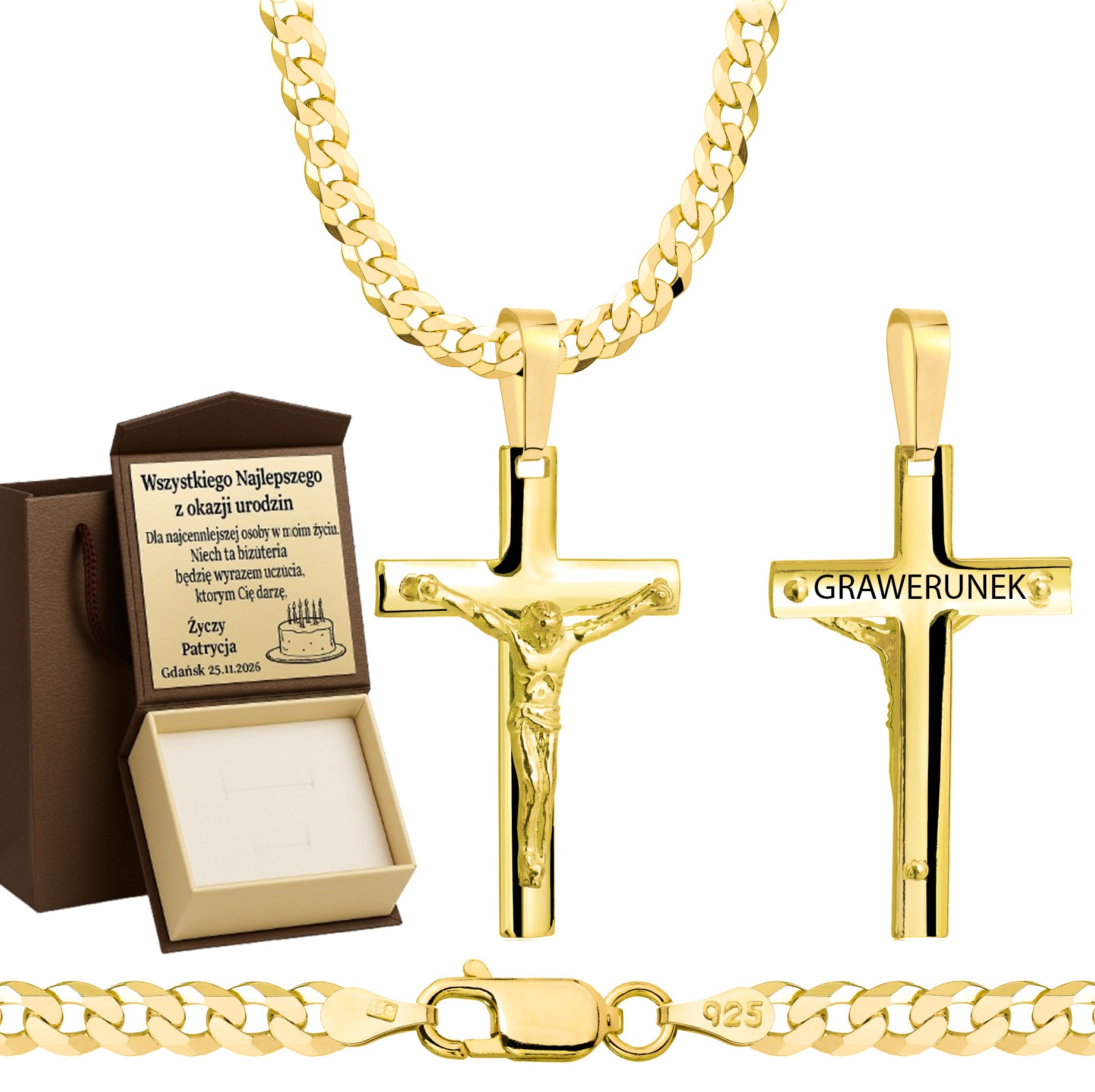 Łańcuszek pozłacany srebrny z krzyżykiem pancerka 3,8mm pr. 925