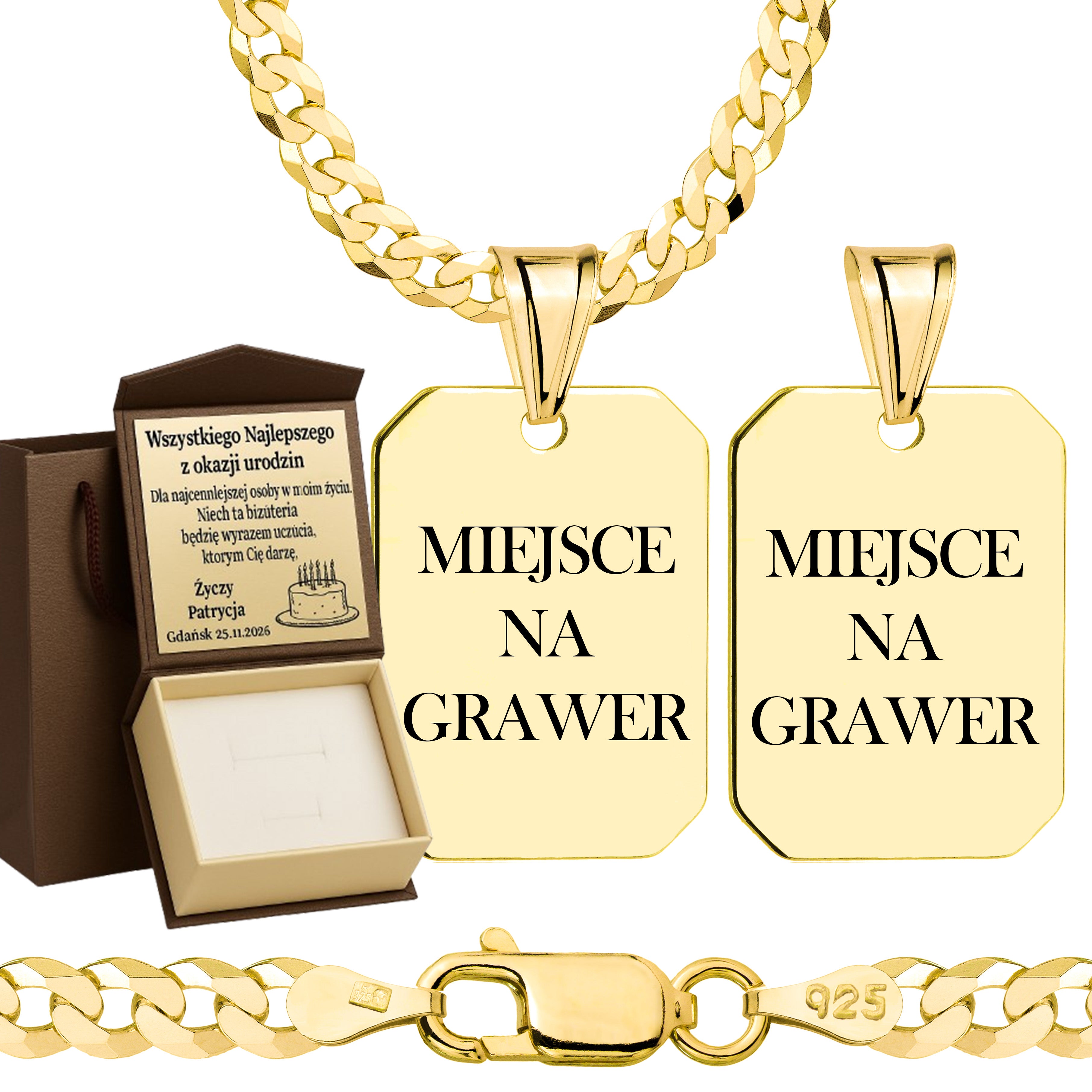 Łańcuszek pozłacany srebrny z nieśmiertelnikiem pancerka 3,8mm pr. 925 585