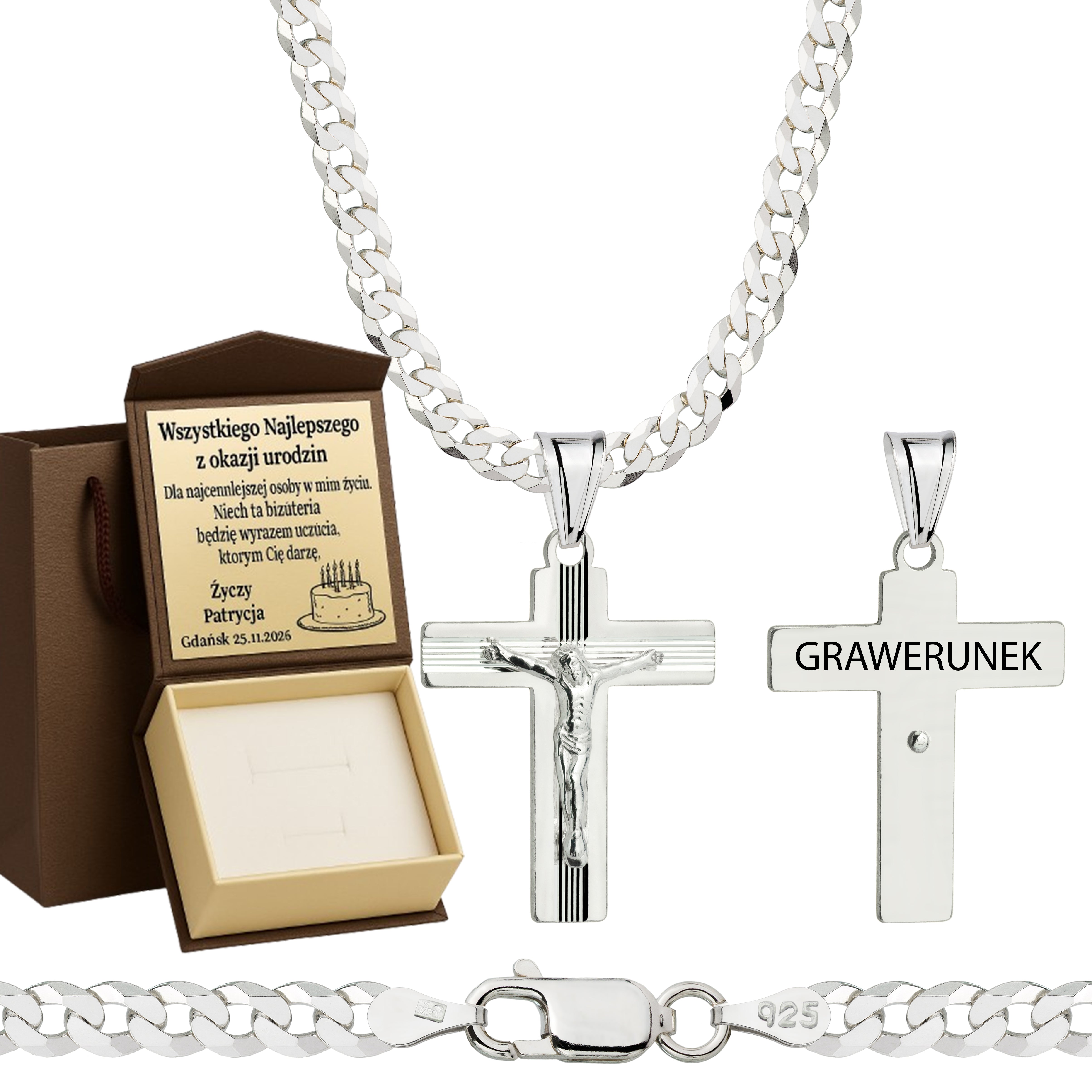 Łańcuszek srebrny z krzyżykiem pancerka 3,8mm pr. 925