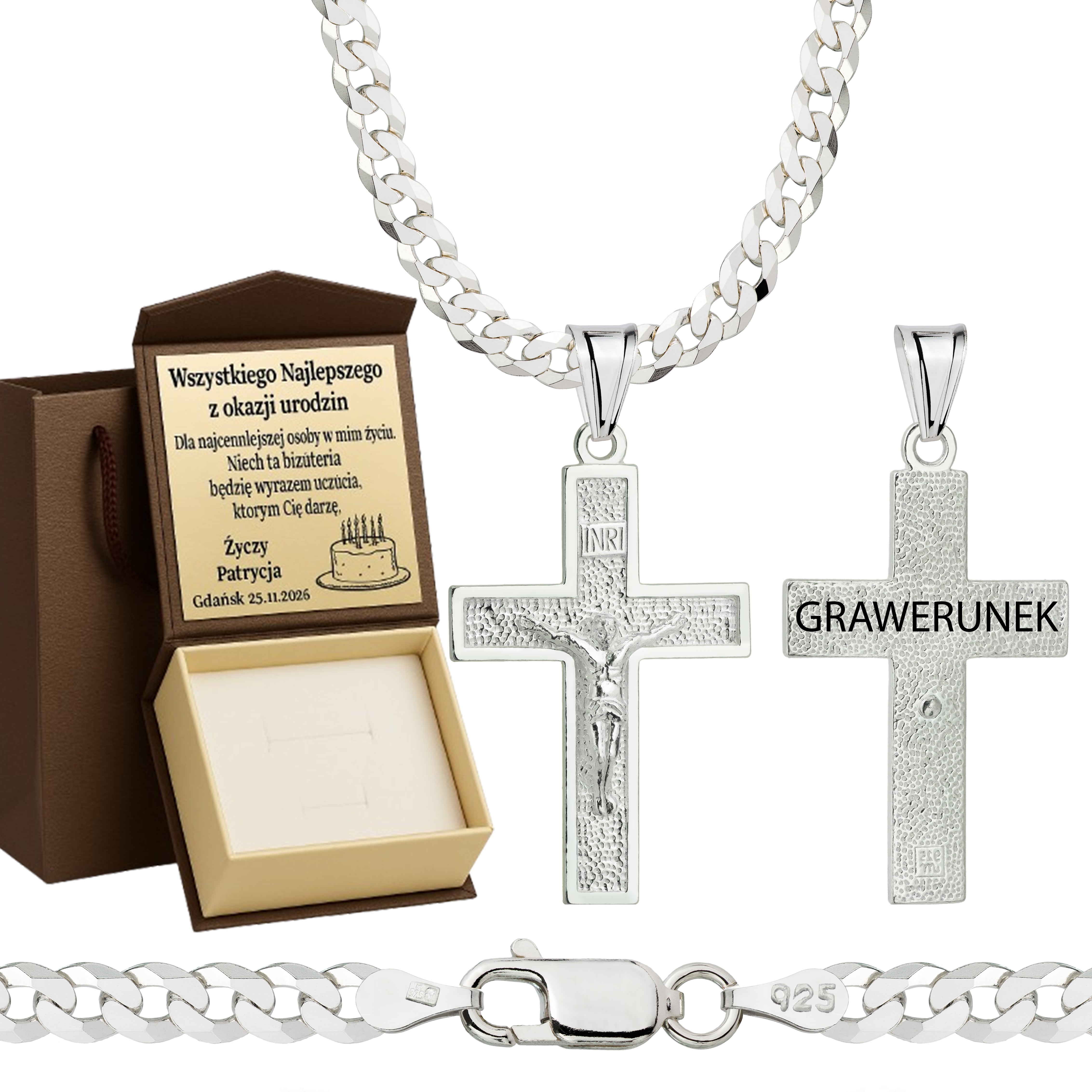 Łańcuszek srebrny z krzyżykiem pancerka 3,8mm pr. 925