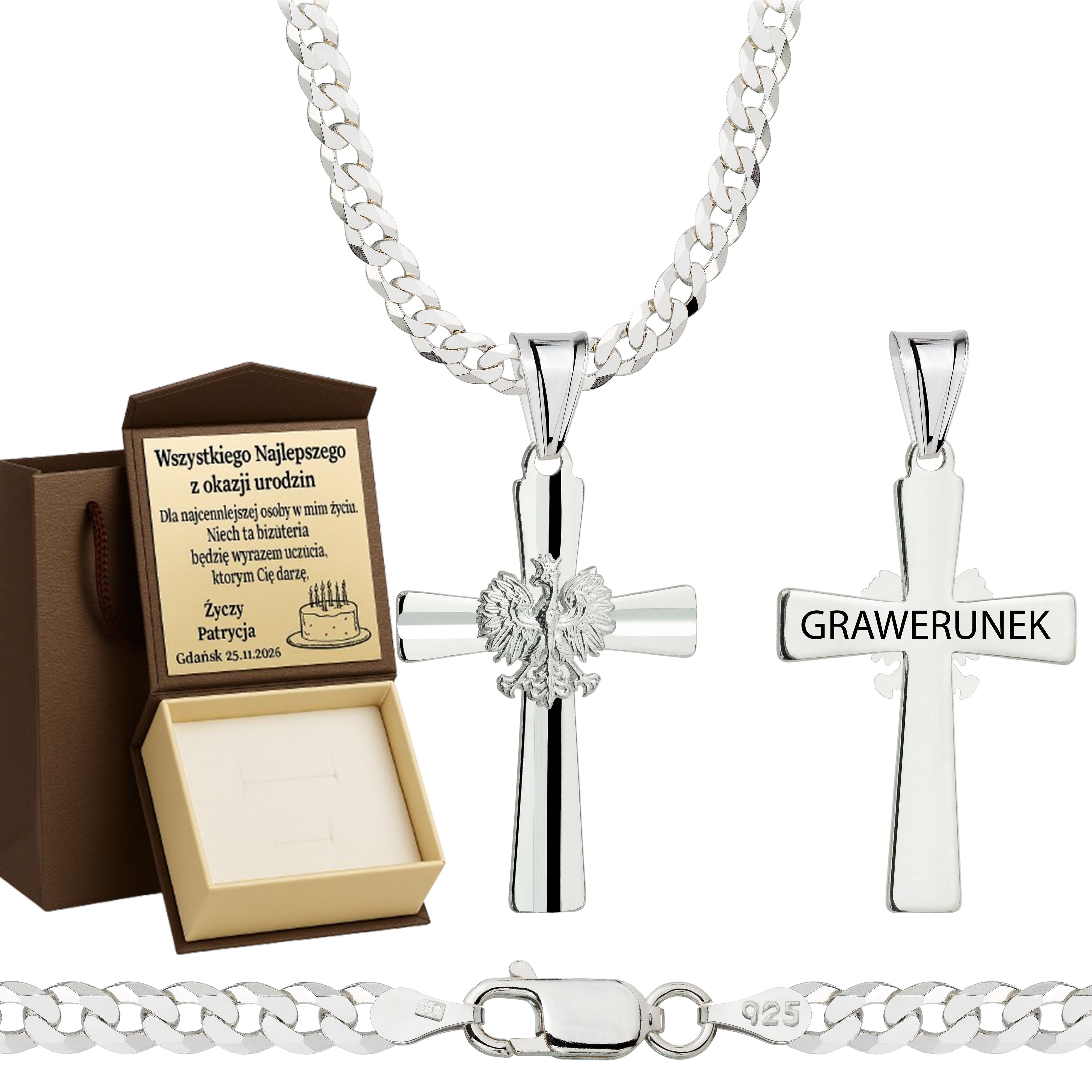 Łańcuszek srebrny z krzyżykiem pancerka 3,8mm pr. 925