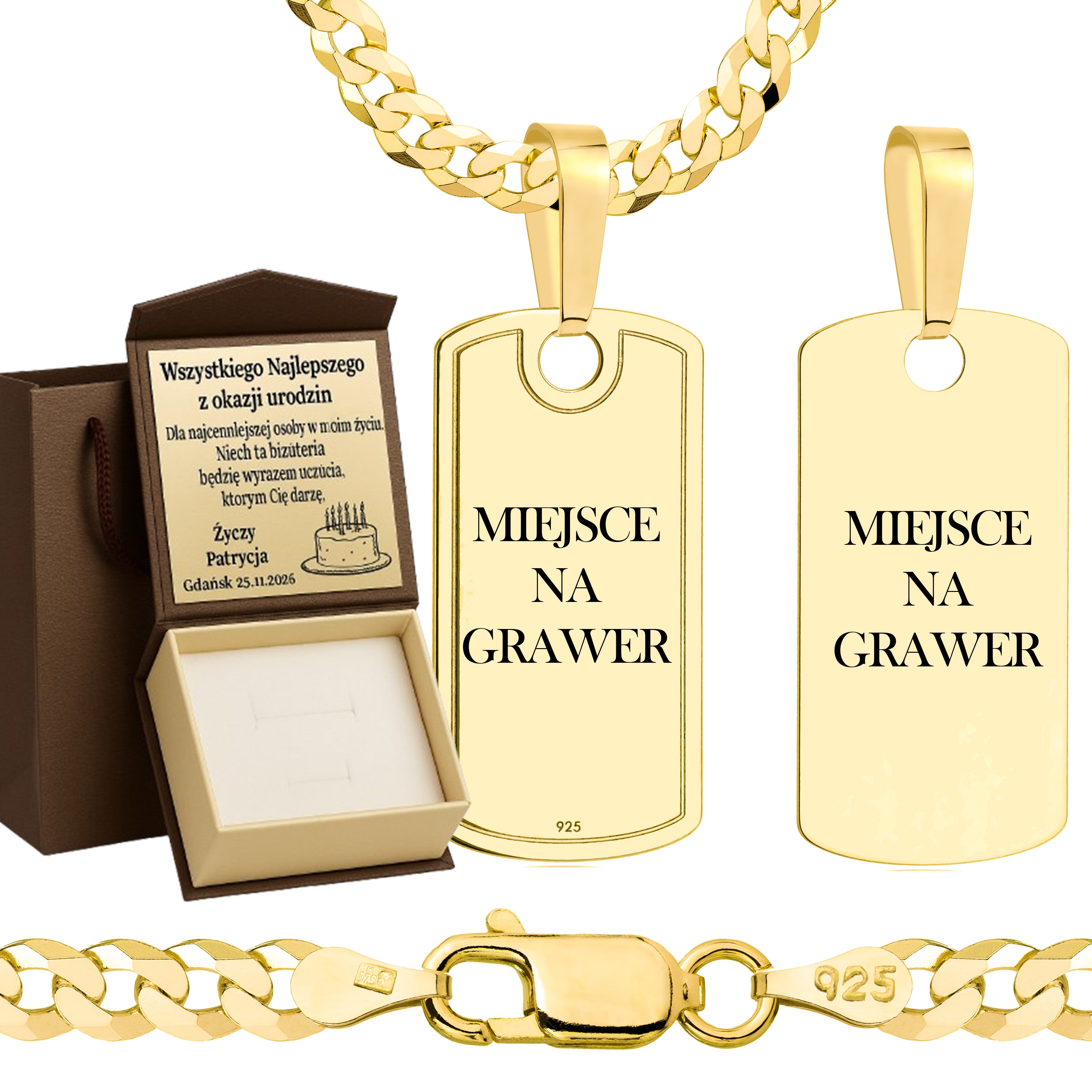 Łańcuszek pozłacany srebrny z nieśmiertelnikiem pancerka 3,8mm pr. 925 585