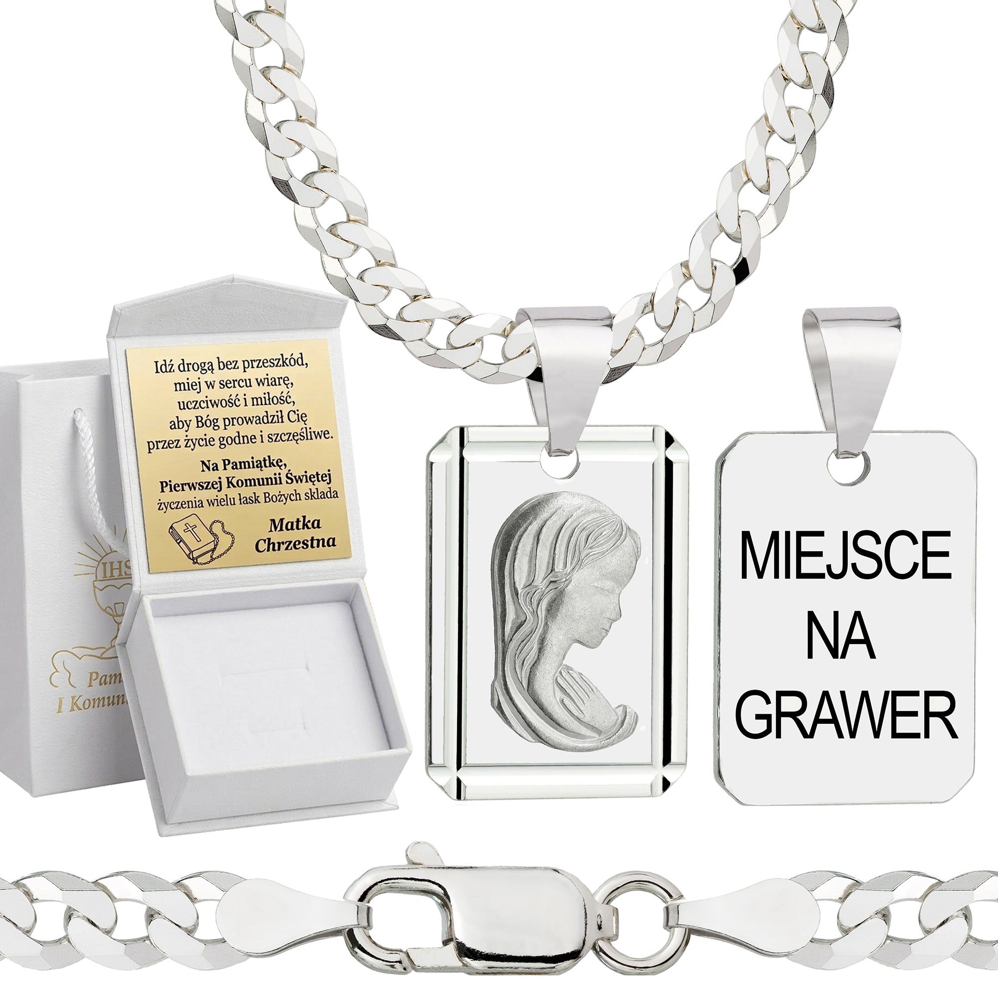 Łańcuszek komunijny srebrny z medalikiem pancerka 3,8mm z grawerowanym pudełeczkiem i zawieszką pr. 925