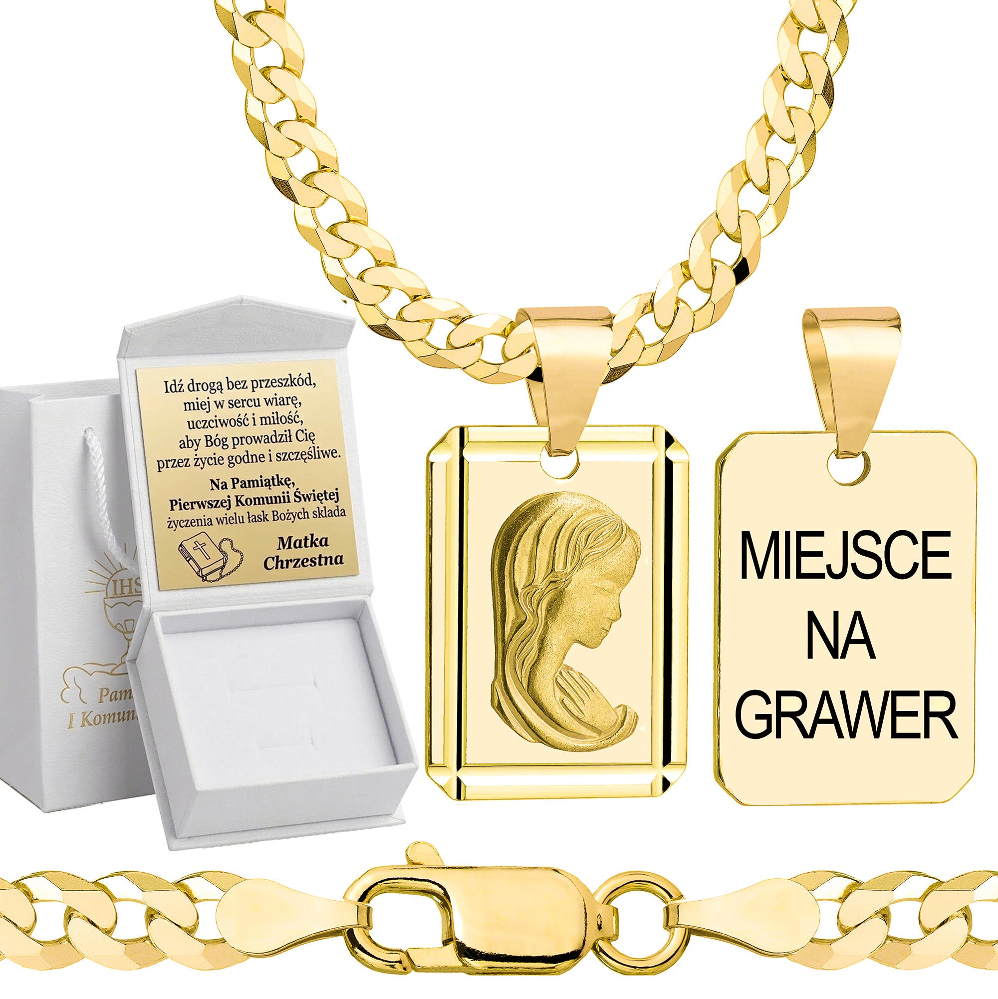 Łańcuszek komunijny pozłacany srebrny pancerka z medalikiem 3,8mm z grawerowanym pudełeczkiem i zawieszką pr. 925
