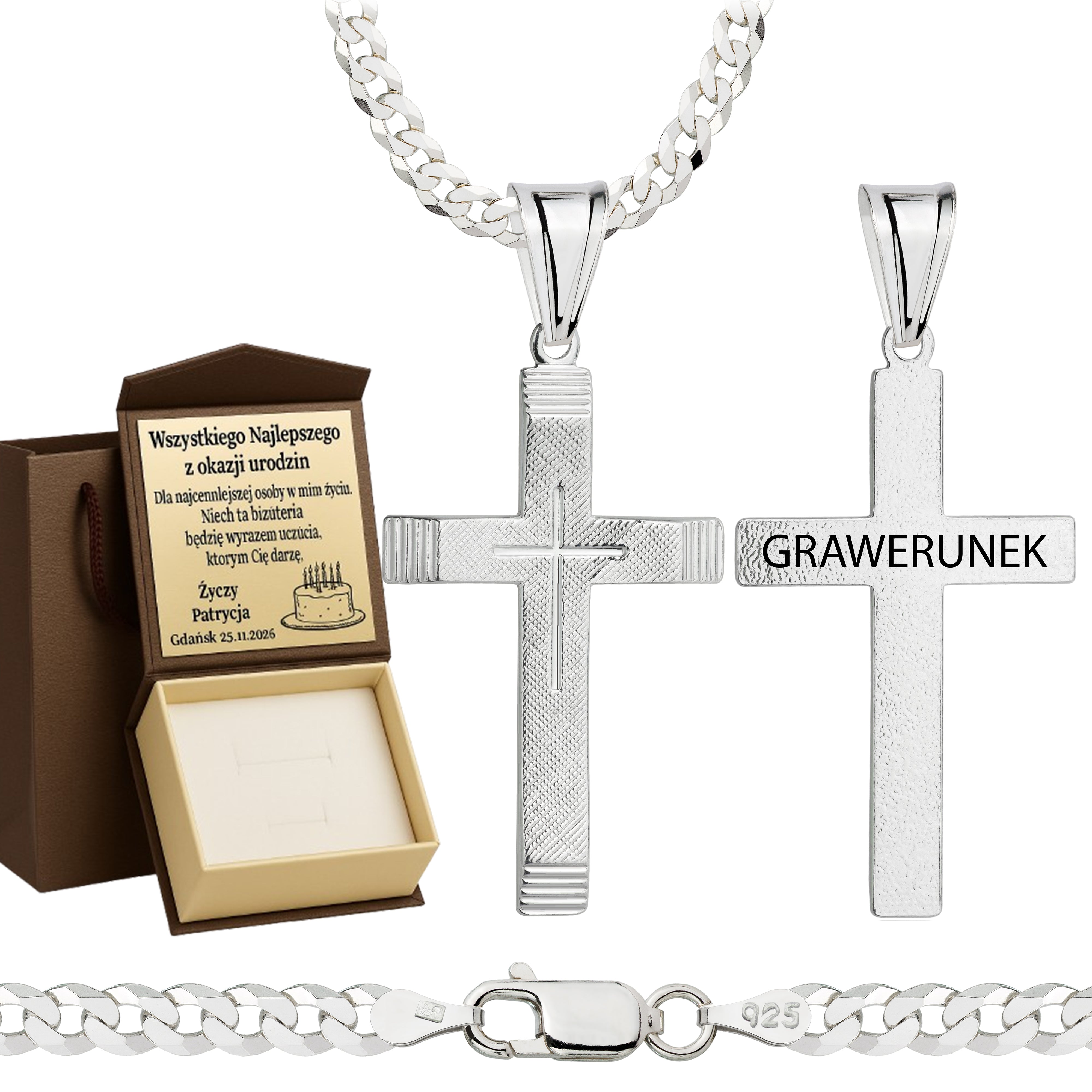 Łańcuszek srebrny z krzyżykiem pancerka 3,8mm pr. 925