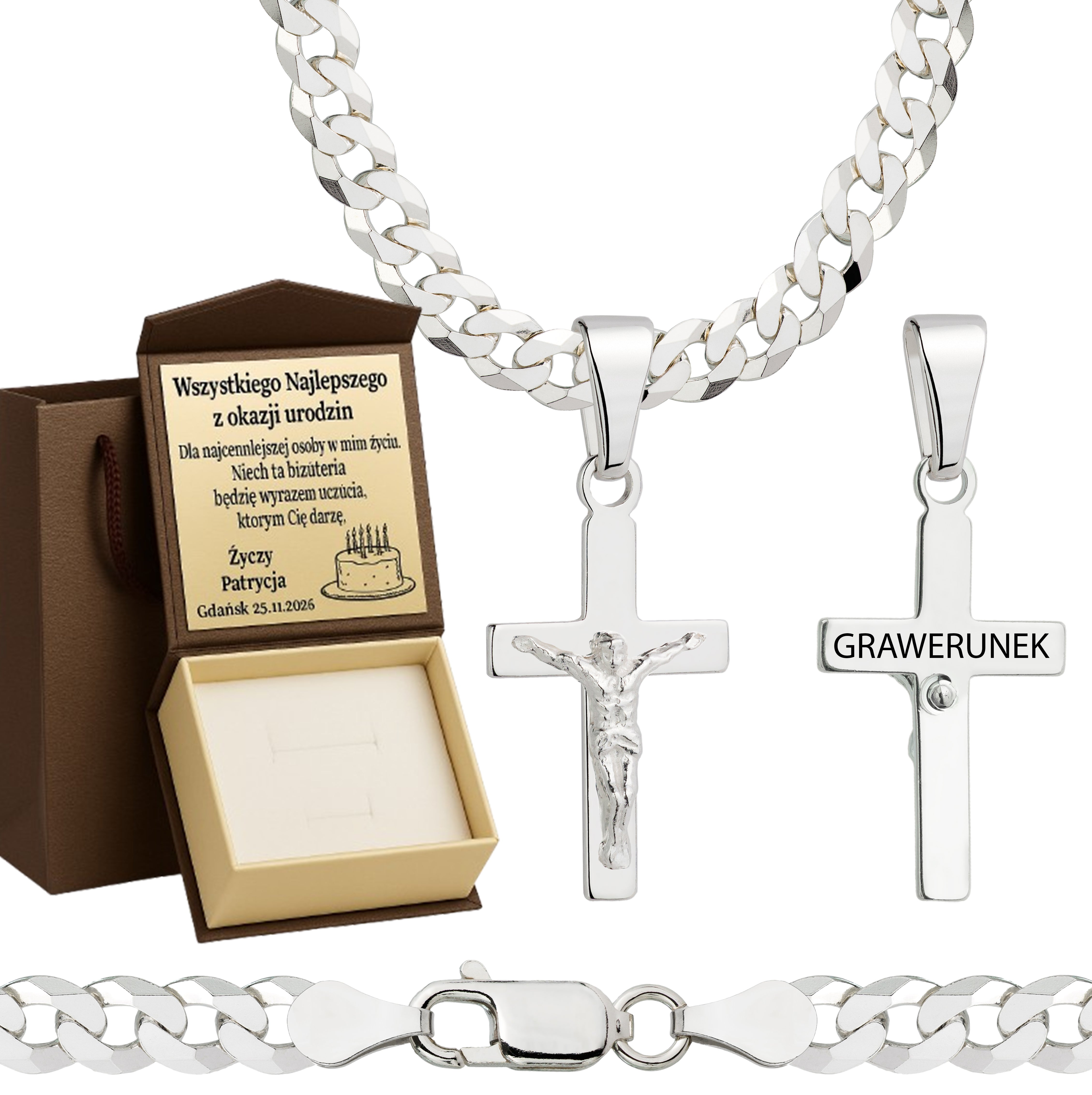 Łańcuszek srebrny z krzyżykiem pancerka 5mm pr. 925