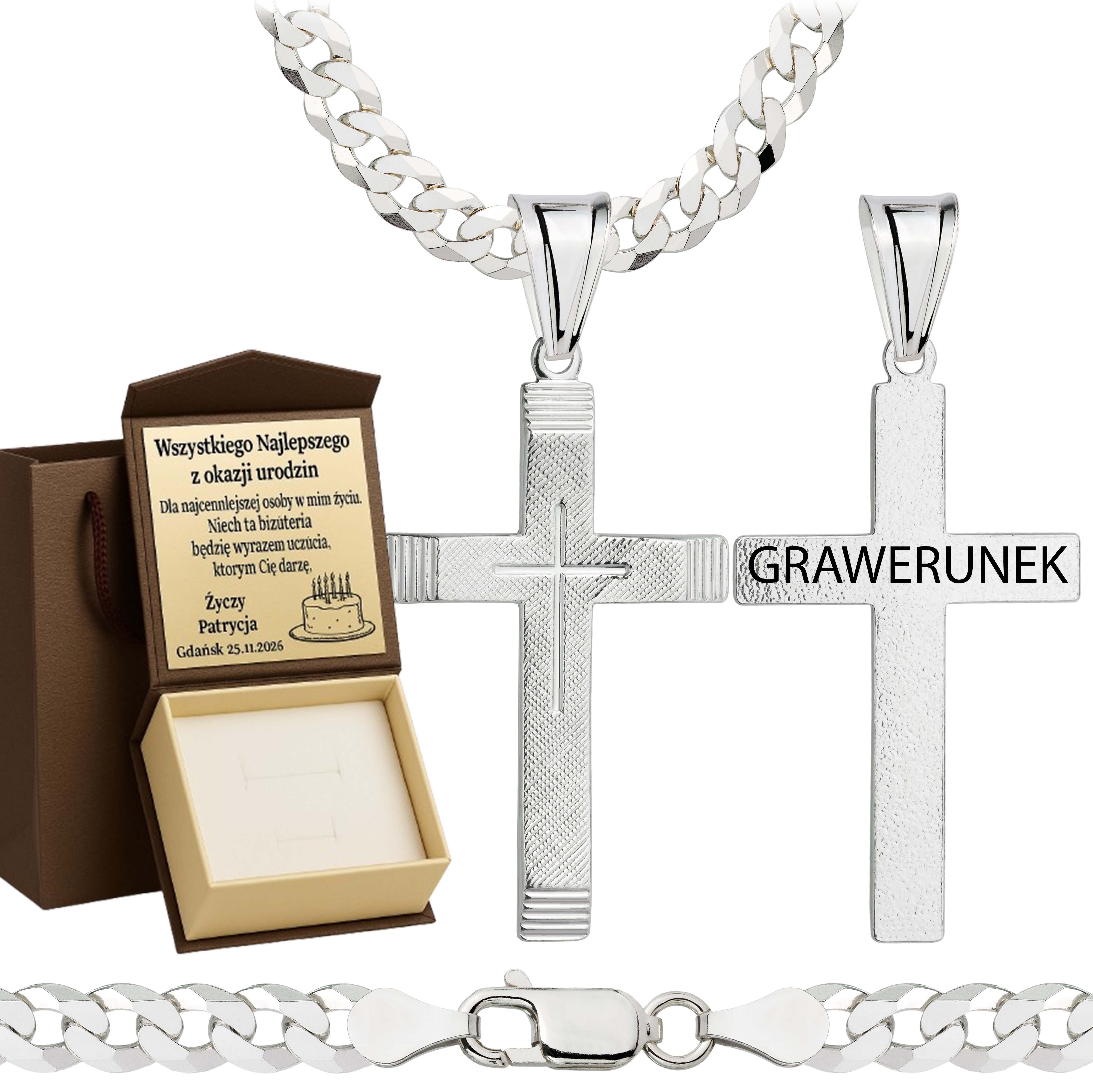 Łańcuszek srebrny z krzyżykiem pancerka 5mm pr. 925