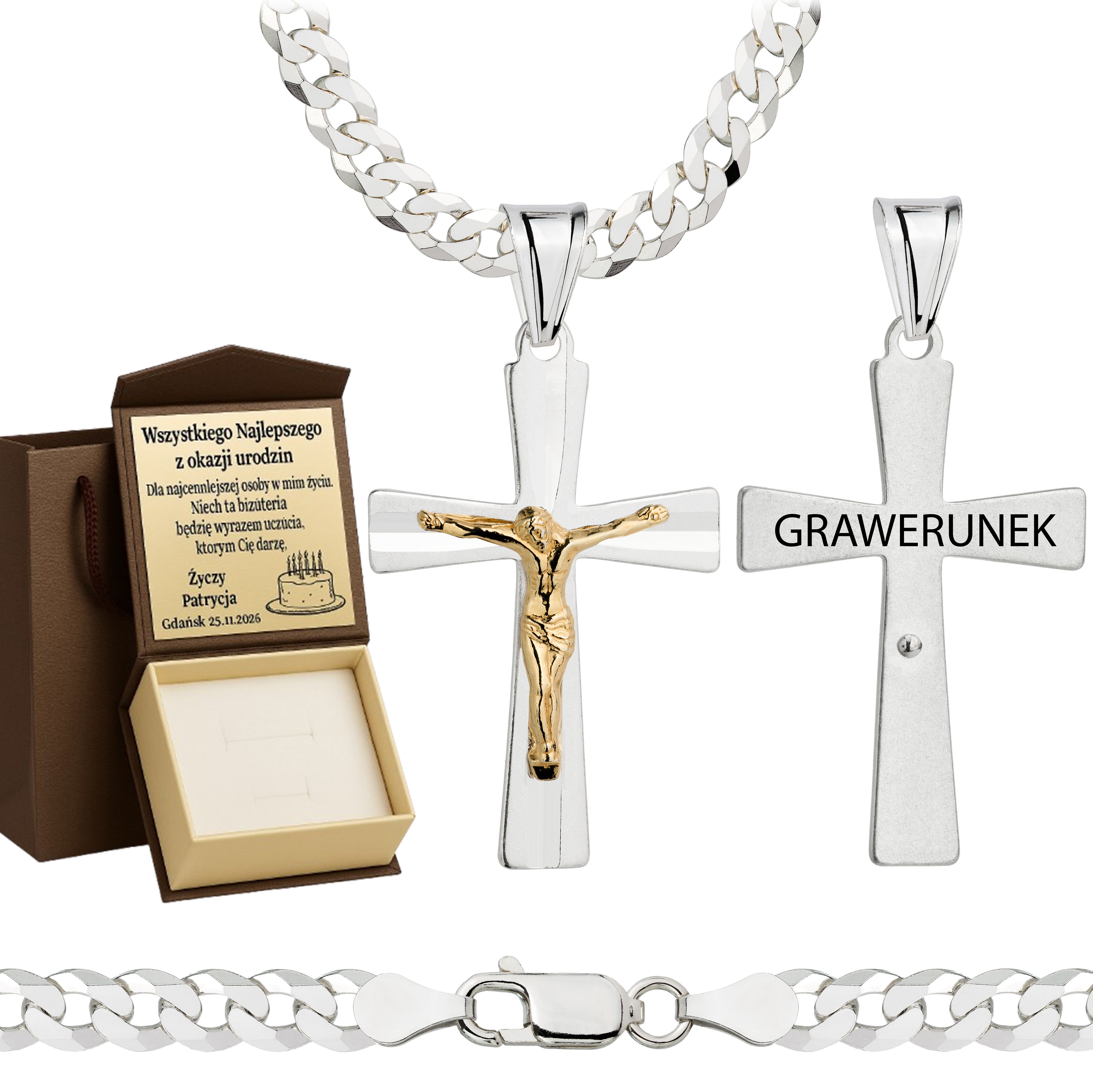 Łańcuszek srebrny z krzyżykiem pancerka 5mm pr. 925