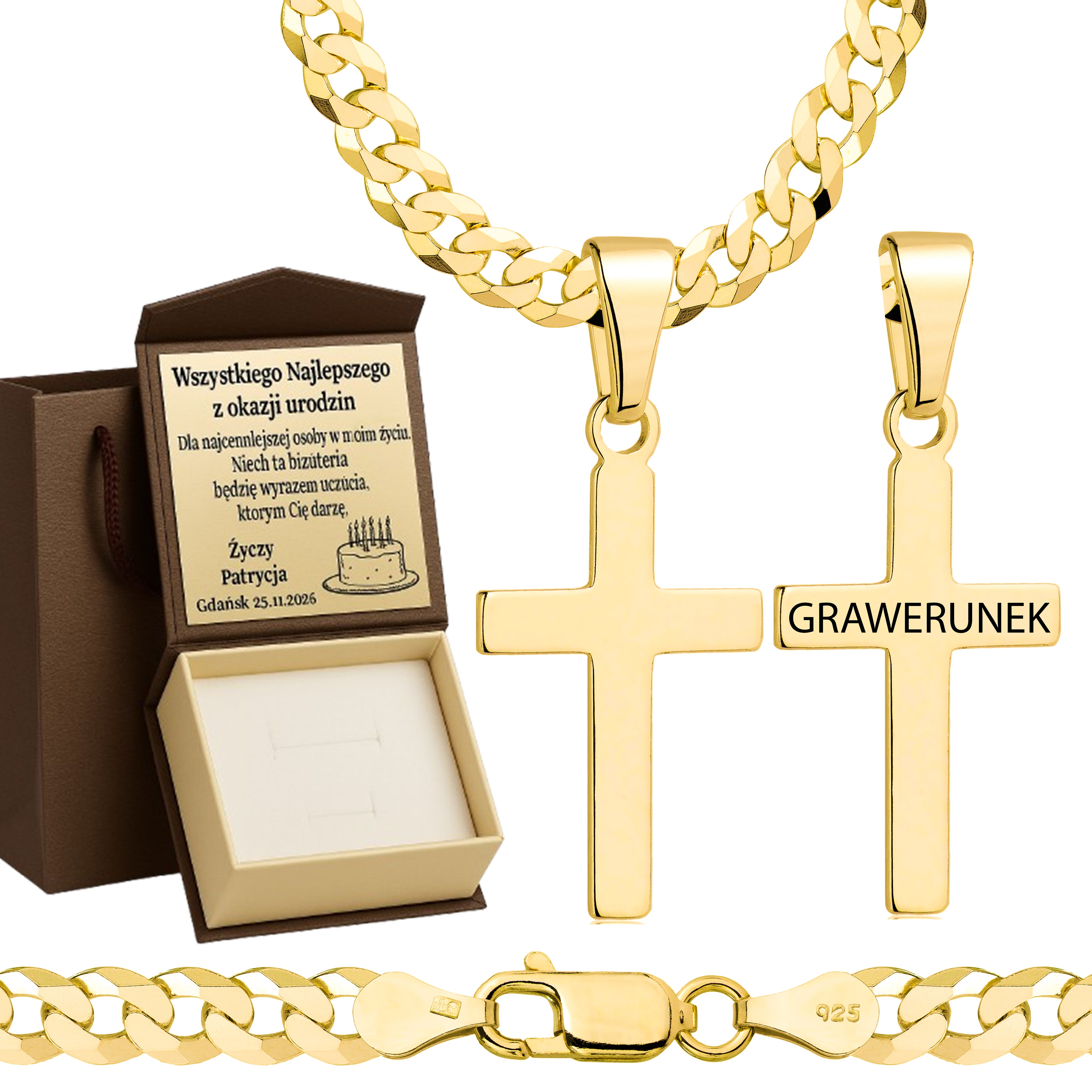 Łańcuszek pozłacany srebrny z krzyżykiem pancerka 5mm pr. 925