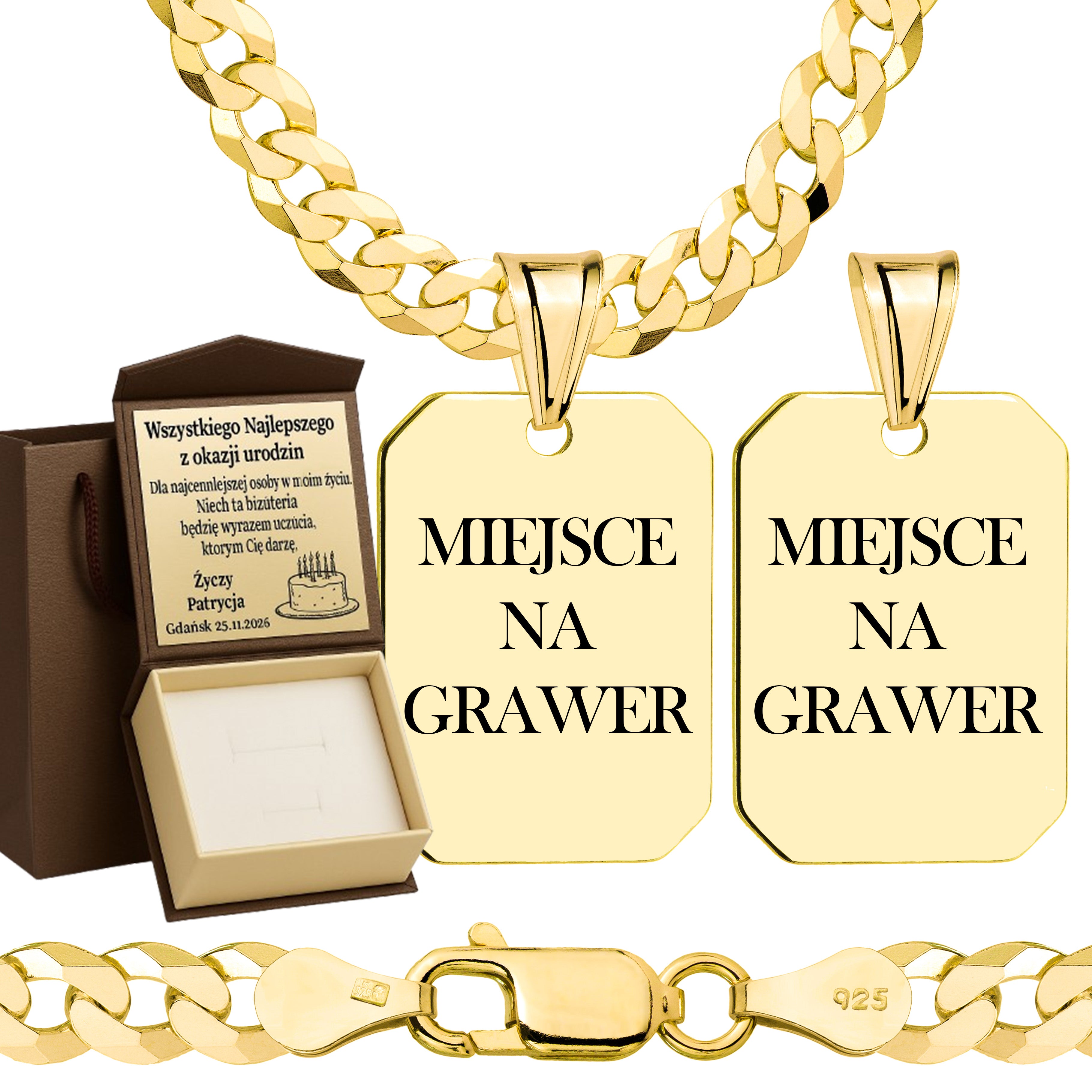 Łańcuszek pozłacany srebrny z nieśmiertelnikiem pancerka 5mm pr. 925 585