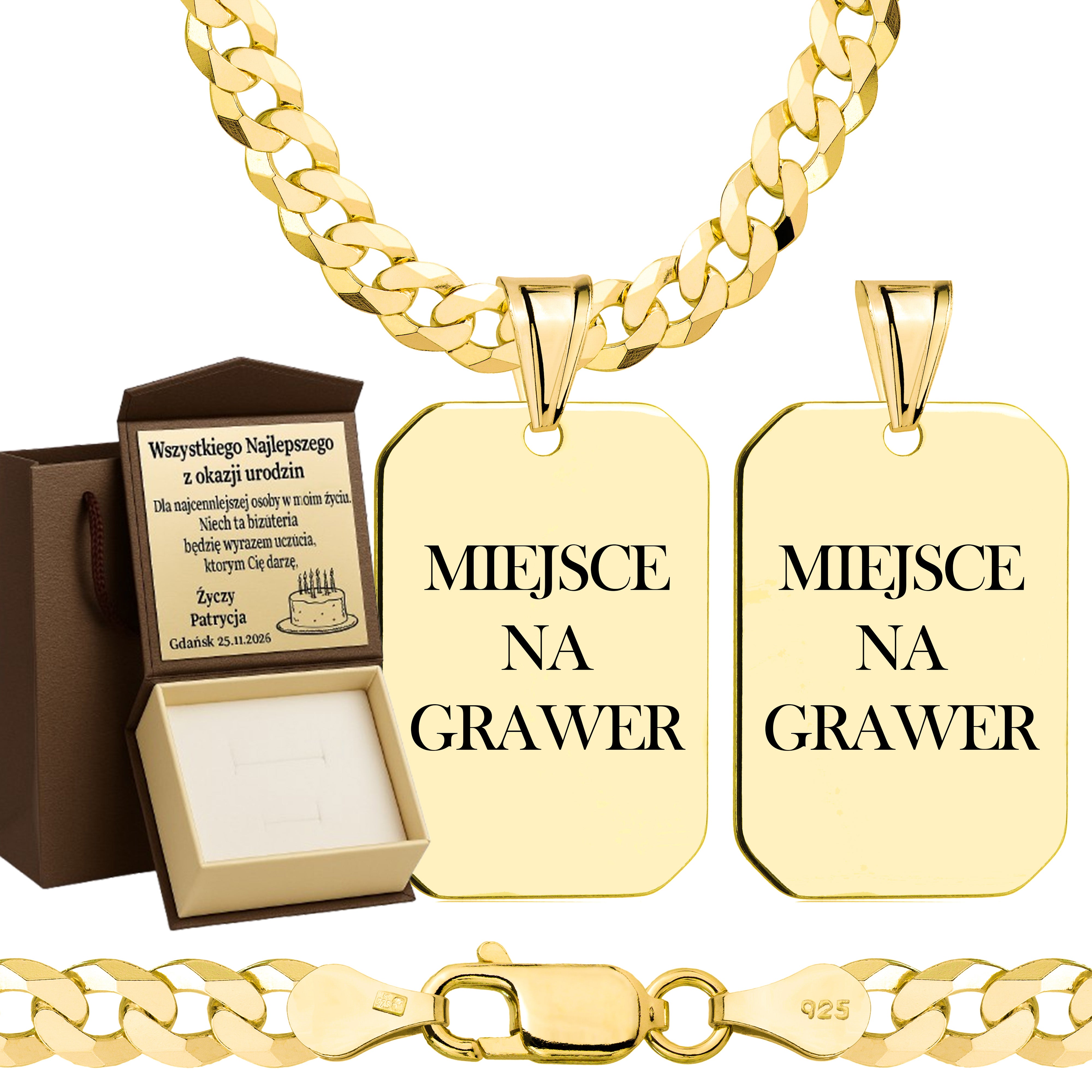 Łańcuszek pozłacany srebrny z nieśmiertelnikiem pancerka 5mm pr. 925 585