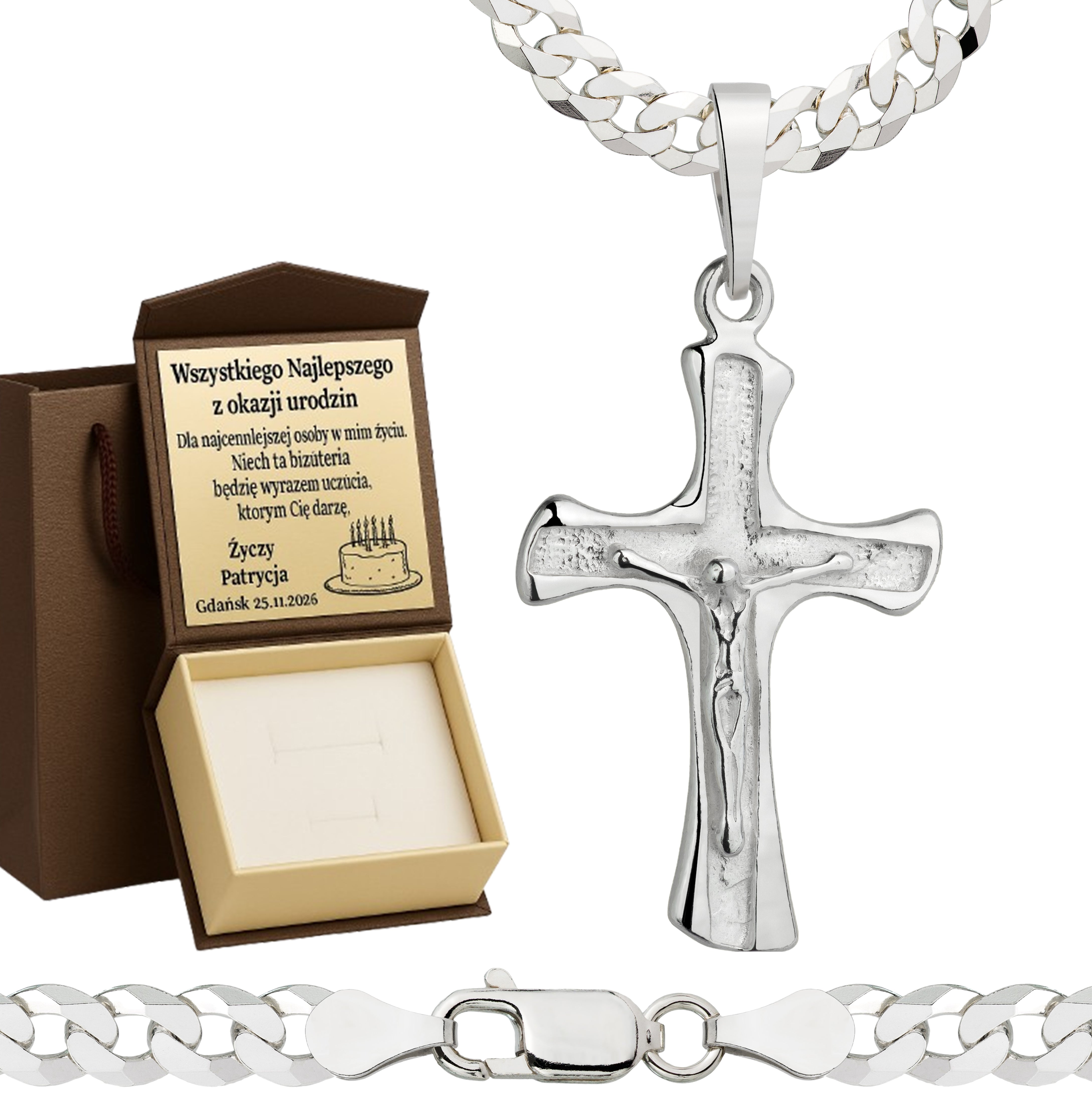 Łańcuszek srebrny z krzyżykiem pancerka 5mm pr. 925