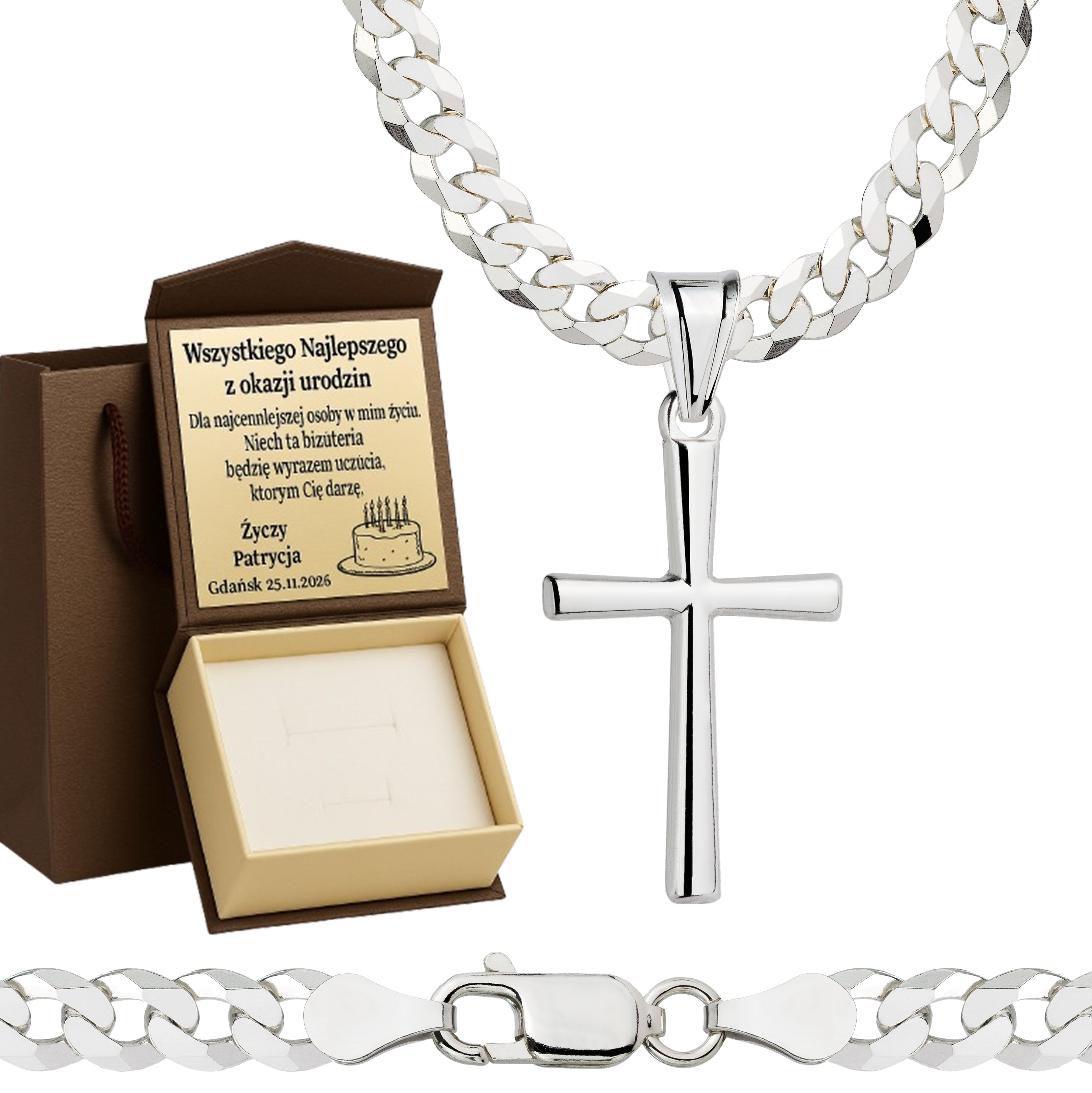 Łańcuszek srebrny z krzyżykiem pancerka 5mm pr. 925