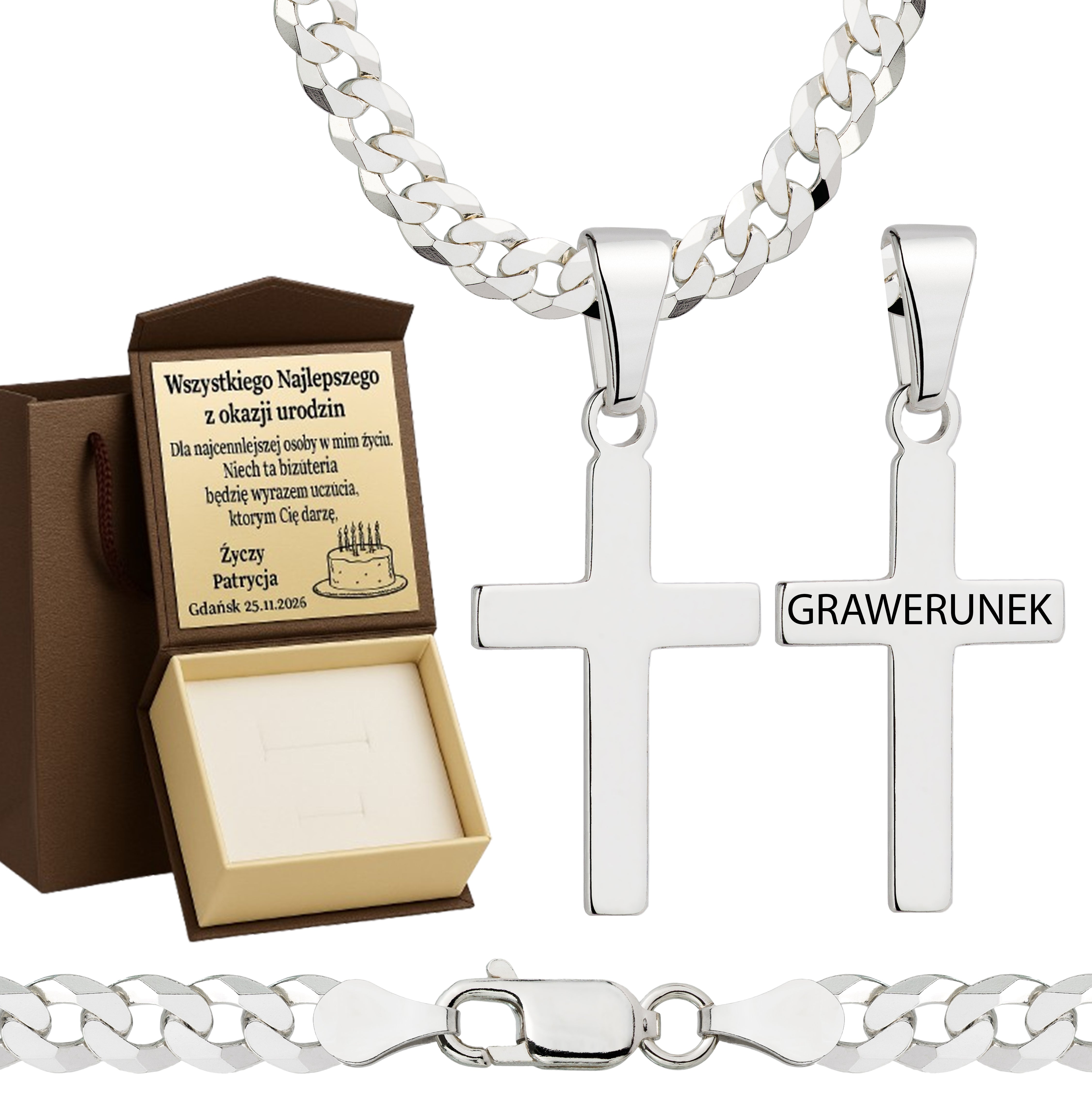 Łańcuszek srebrny z krzyżykiem pancerka 5mm pr. 925