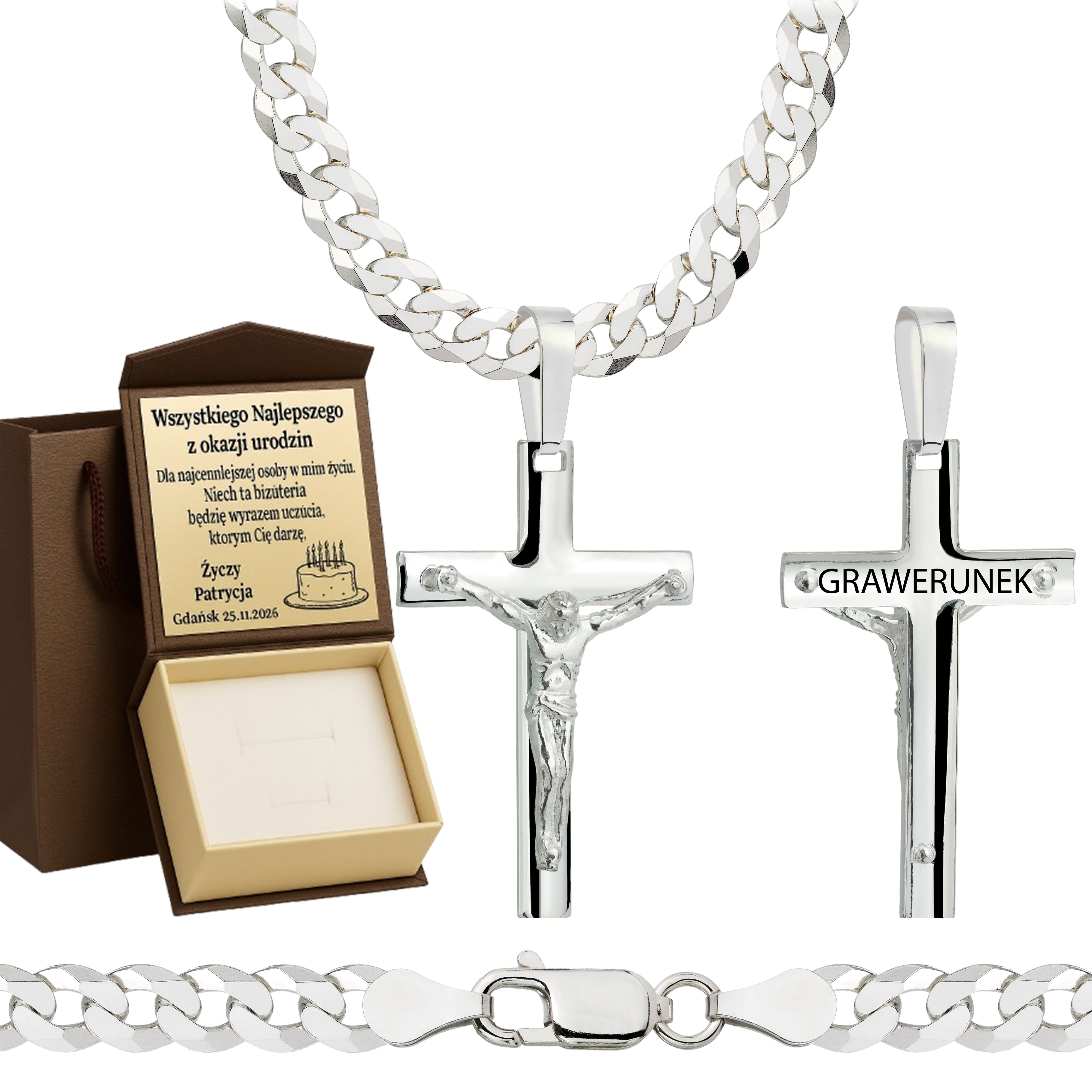 Łańcuszek srebrny z krzyżykiem pancerka 5mm pr. 925