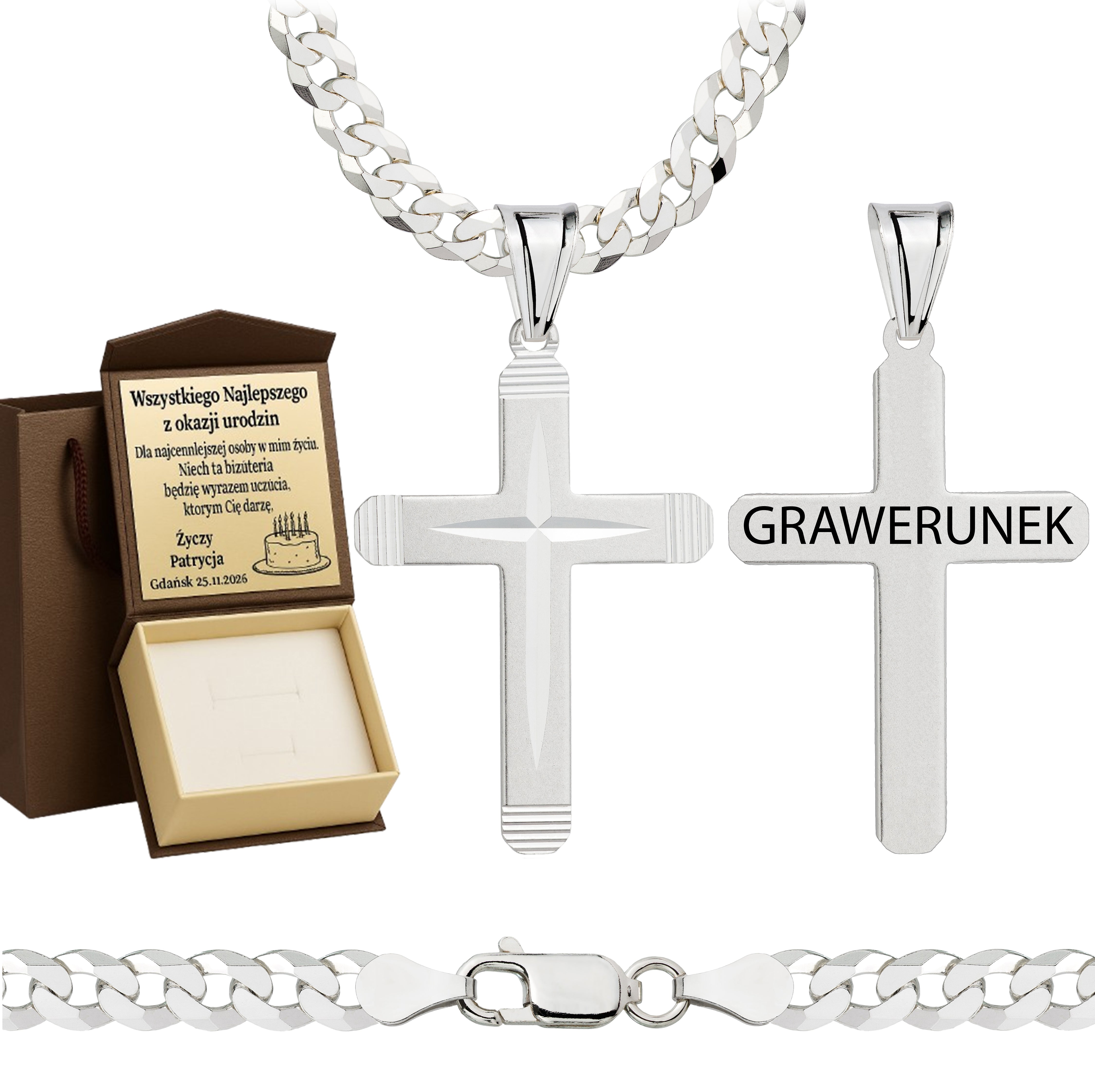 Łańcuszek srebrny z krzyżykiem pancerka 5mm pr. 925