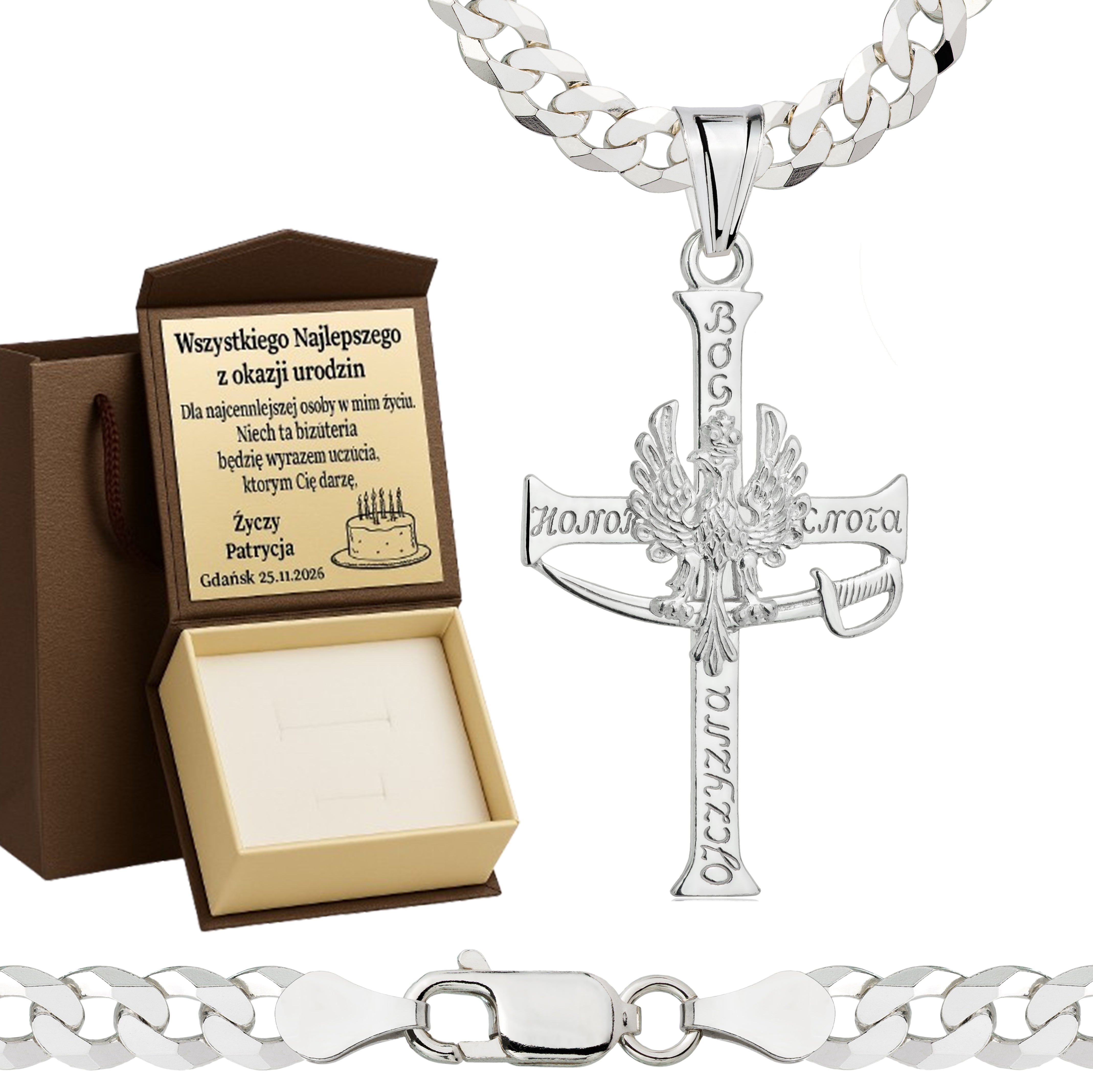 Łańcuszek srebrny z krzyżykiem pancerka 5mm pr. 925