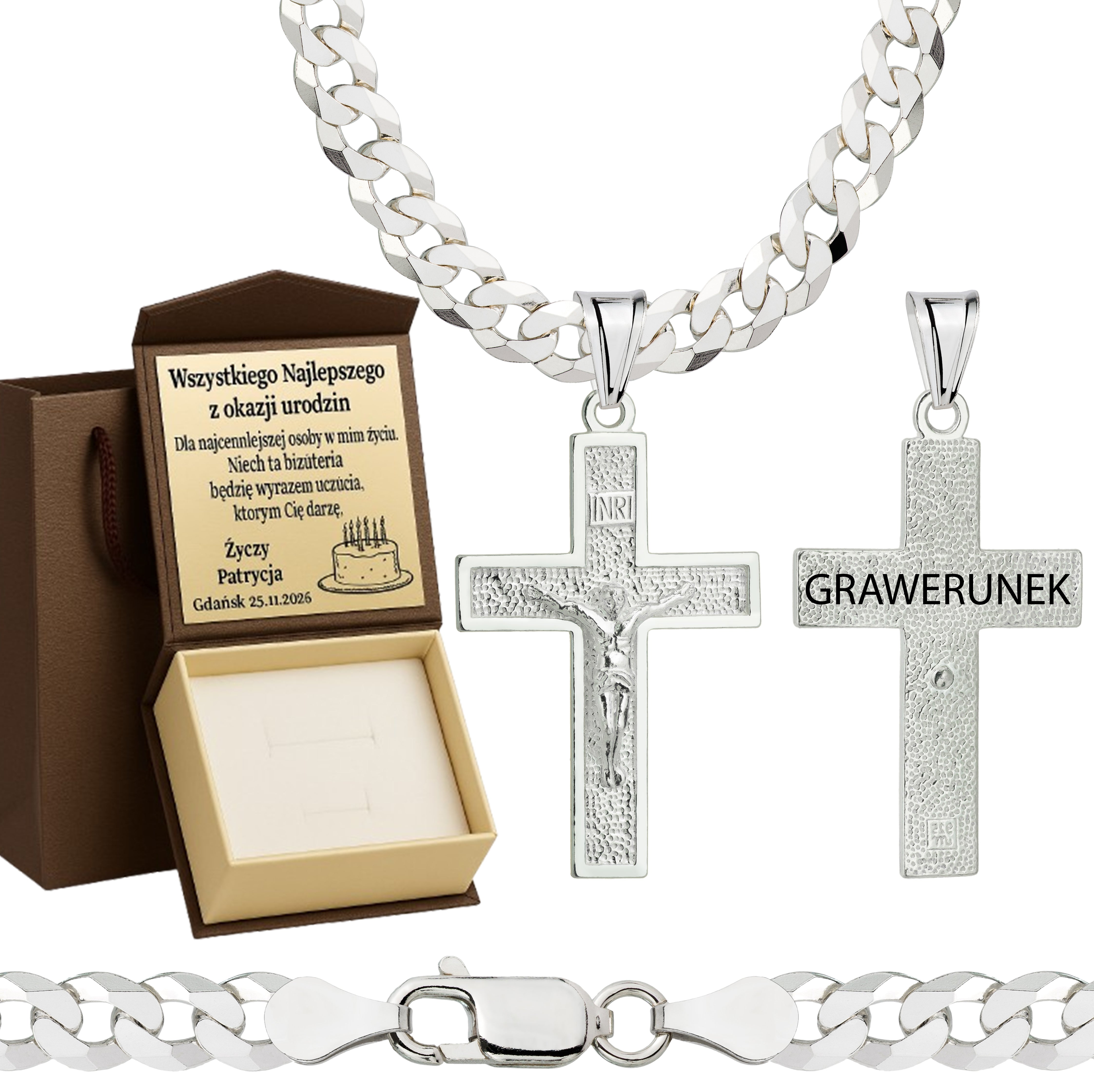 Łańcuszek srebrny z krzyżykiem pancerka 5mm pr. 925