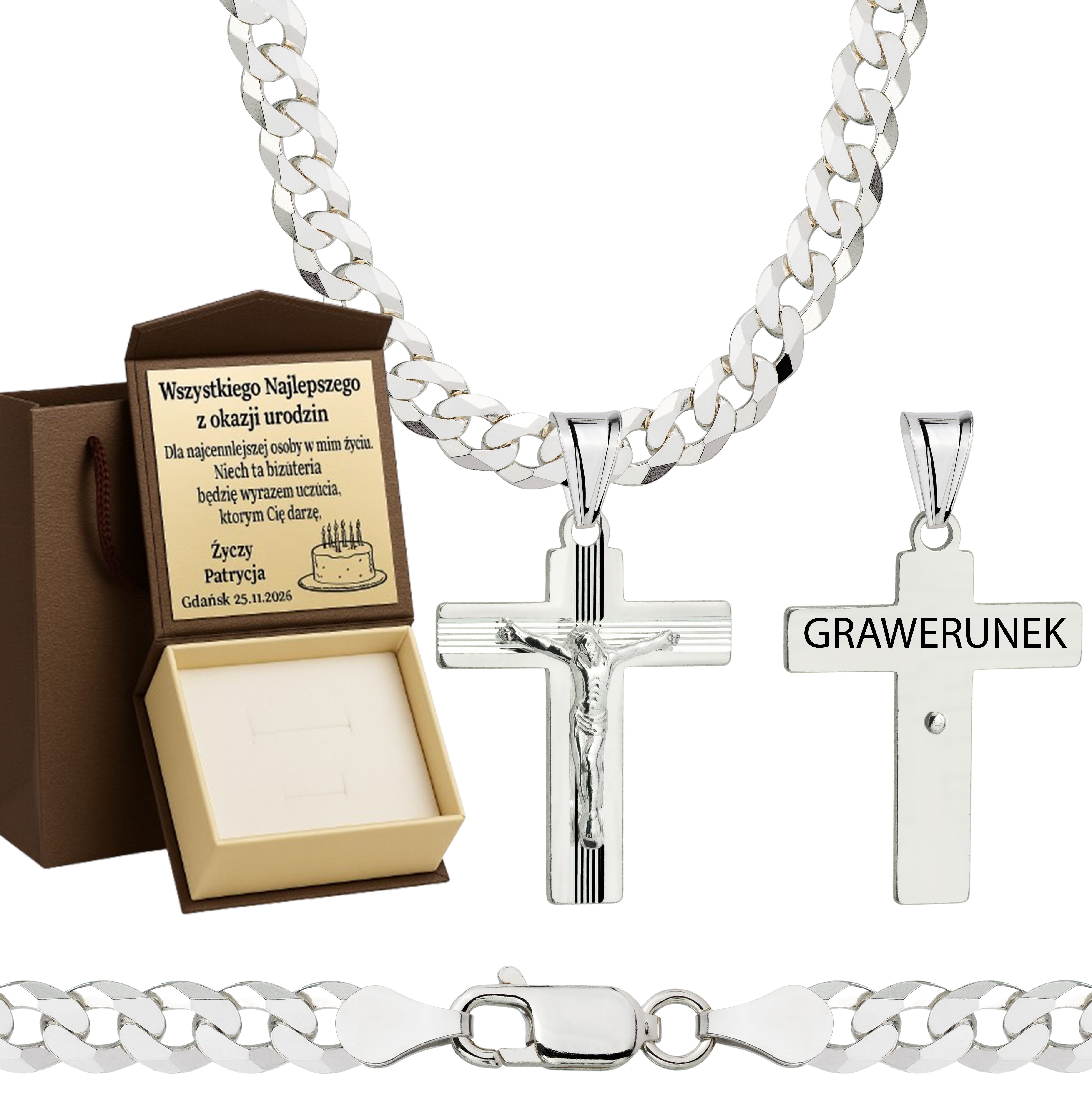 Łańcuszek srebrny z krzyżykiem pancerka 5mm pr. 925