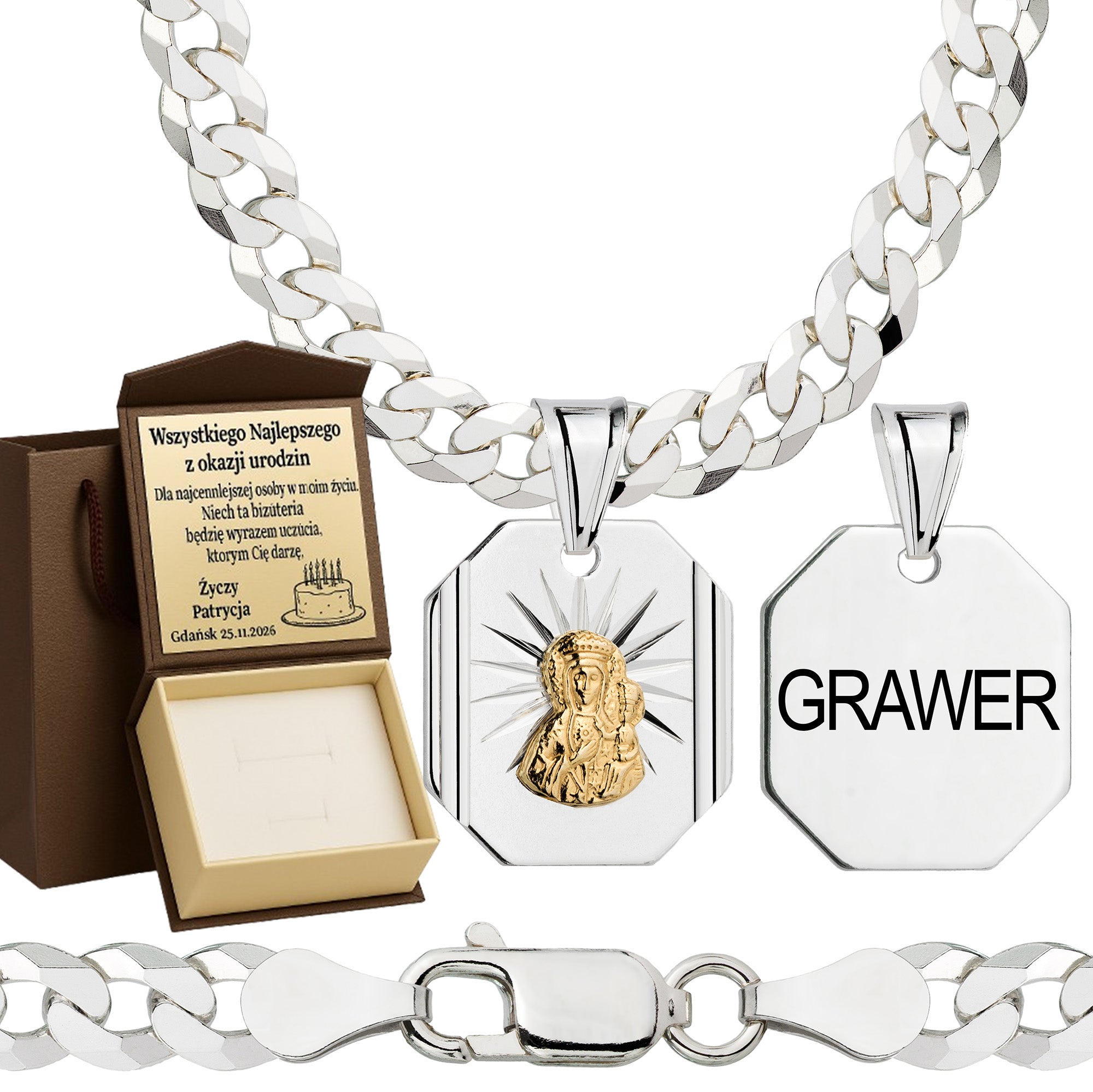 Łańcuszek srebrny z medalikiem pancerka 5mm pr. 925